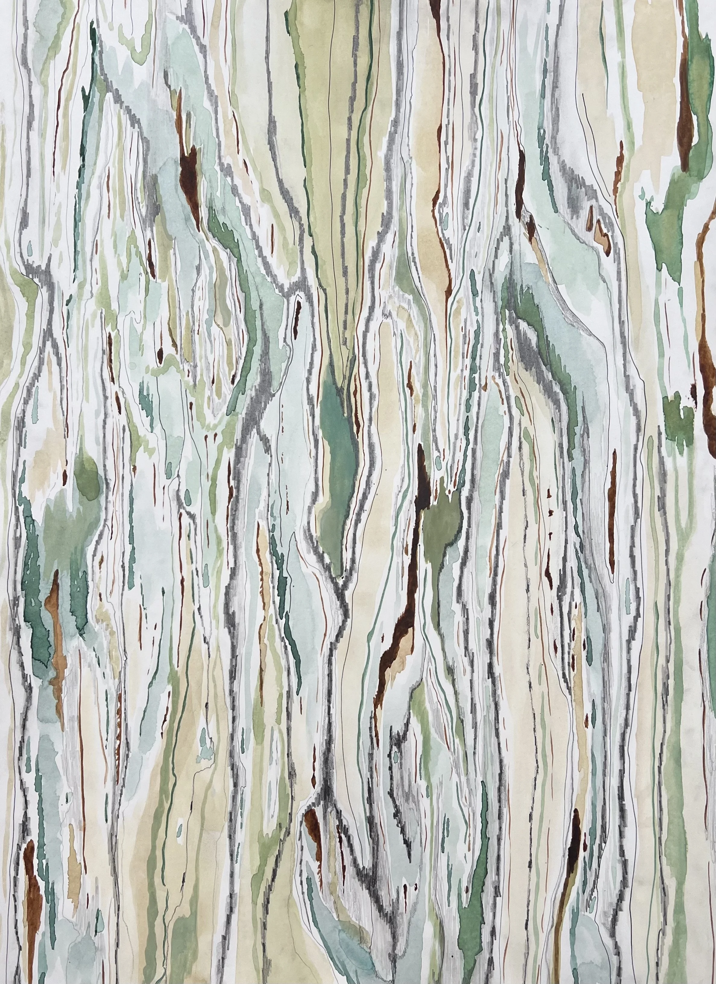 Watercolor painting of abstract vertical lines resembling wood grain patterns with green, beige, brown, gray, and black colors.