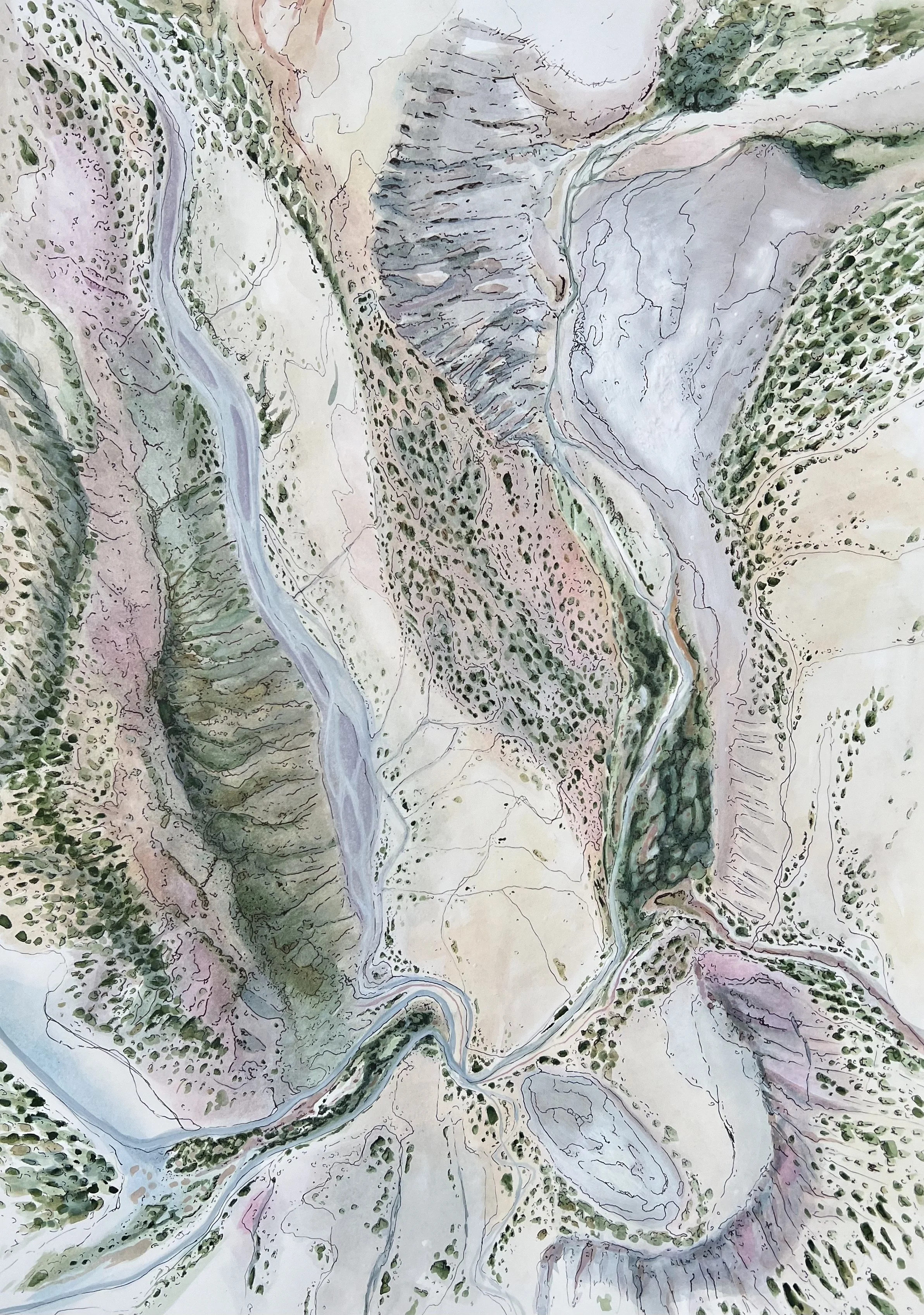 A watercolor map of a winding river flowing through a mountainous landscape with green, pink, purple, and gray terrain, showing elevations and vegetation.