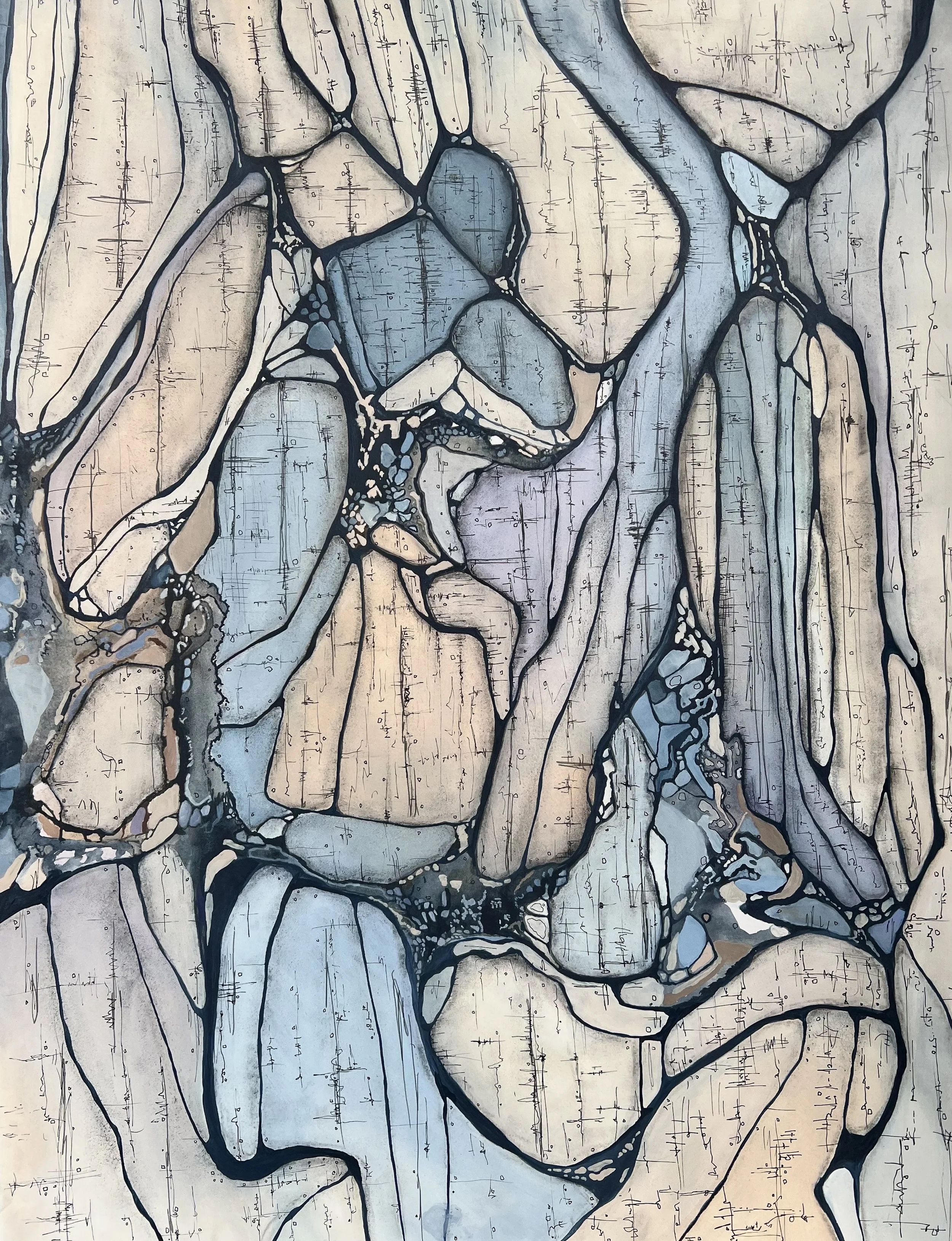 Abstract artwork with irregular shapes and lines in shades of blue, beige, and black.