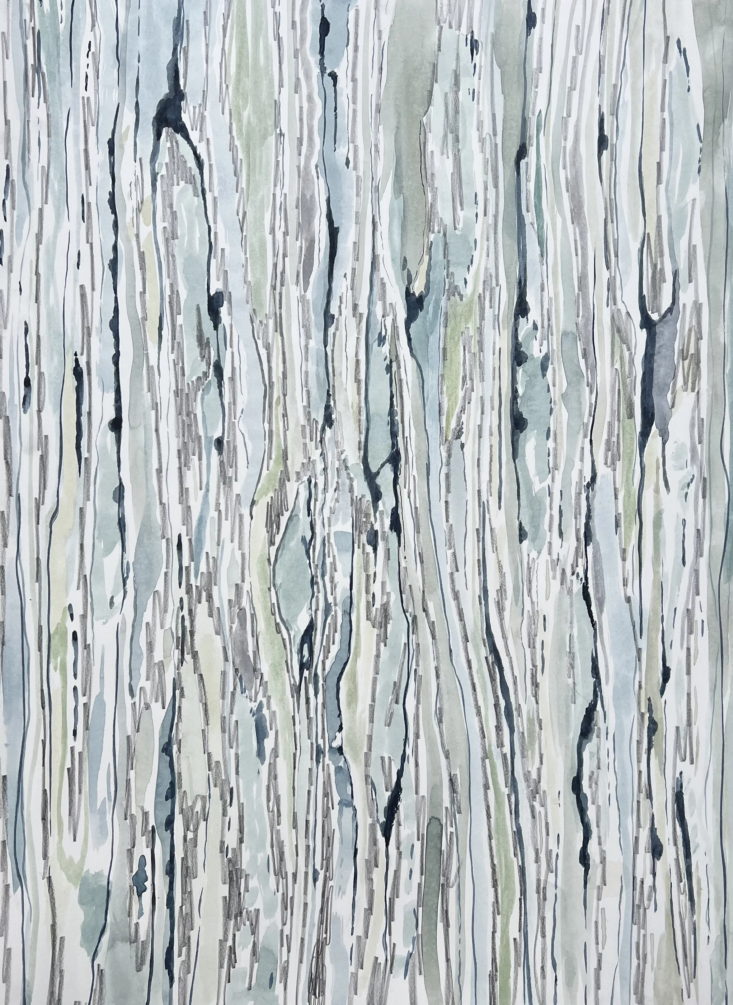 Close-up of a watercolor painting depicting a textured, abstract pattern resembling tree bark with various shades of gray, green, and black streaks.