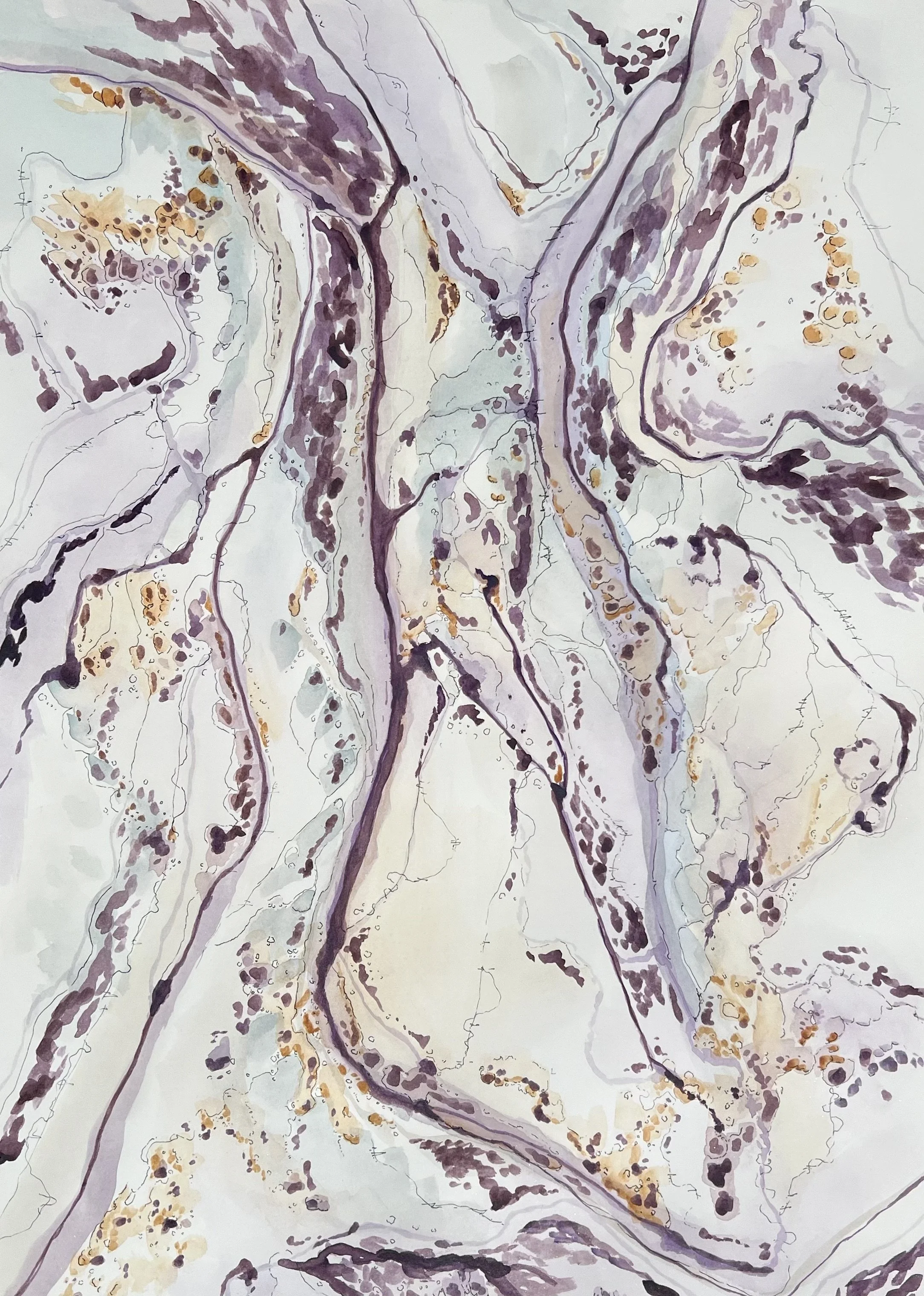 An abstract watercolor painting with flowing lines and splashes of purple, tan, and beige colors.