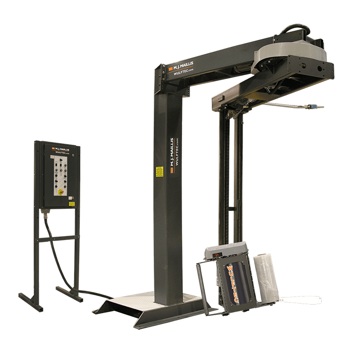Wulftec Semi-Automatic Rotary Arm Stretch Wrapper with loaded stretch film.