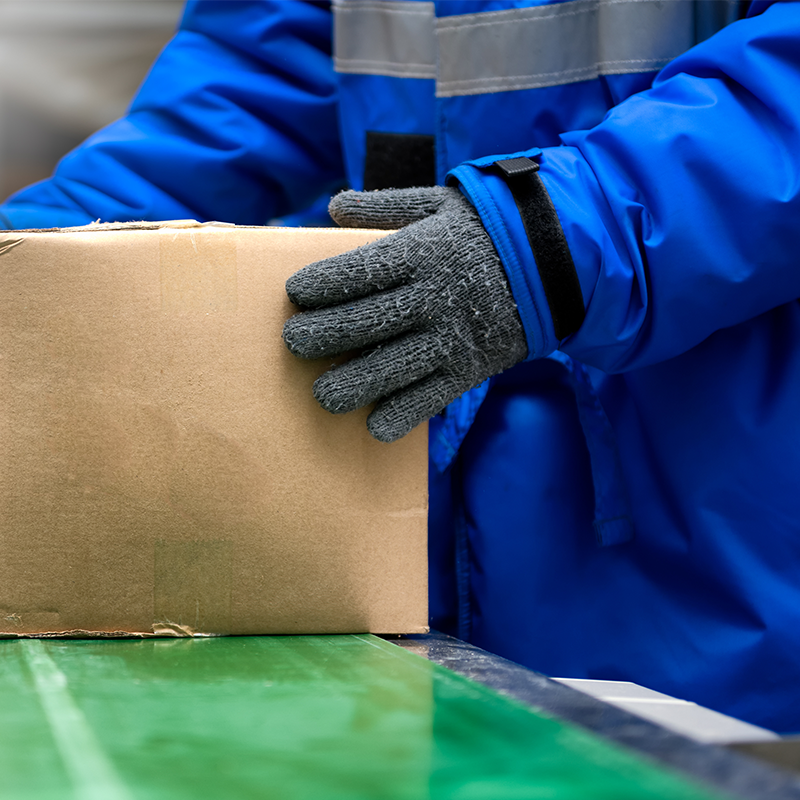 man wearing gloves and coat packaging boxes in cold temperature facility