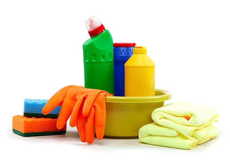 various cleaning product items in bright colourful packaging on white background