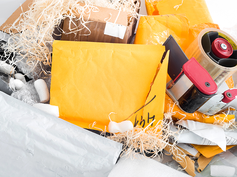 pile of wasted packaging materials inside garbage bin