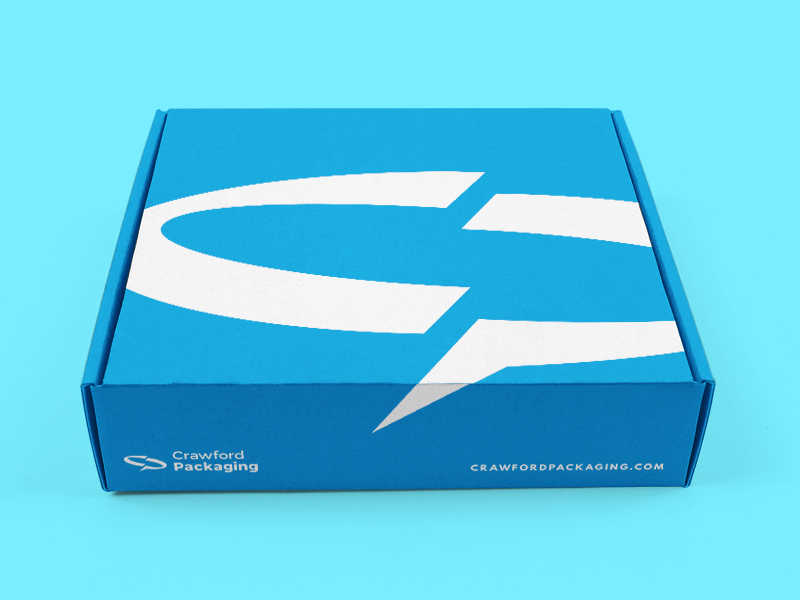 custom printed shipping box with blue link and crawford branding