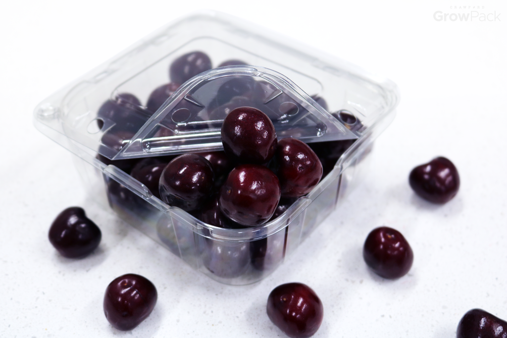 red cherries in clear growpack easy pour clamshell packaging