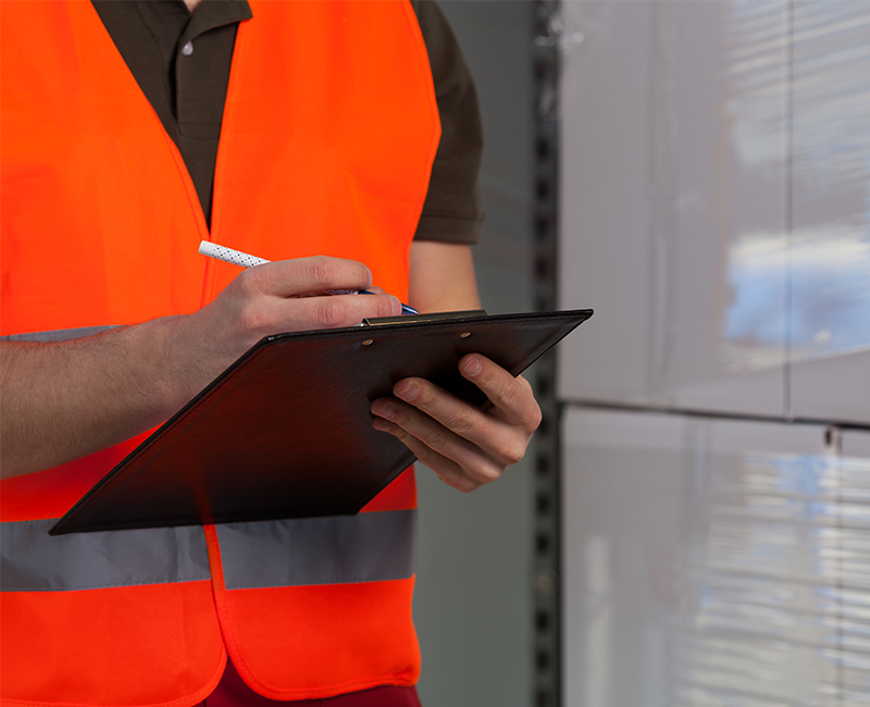 man holding clipboard wearing orange reflective vest in front of stretch wrapped pallet of white boxes