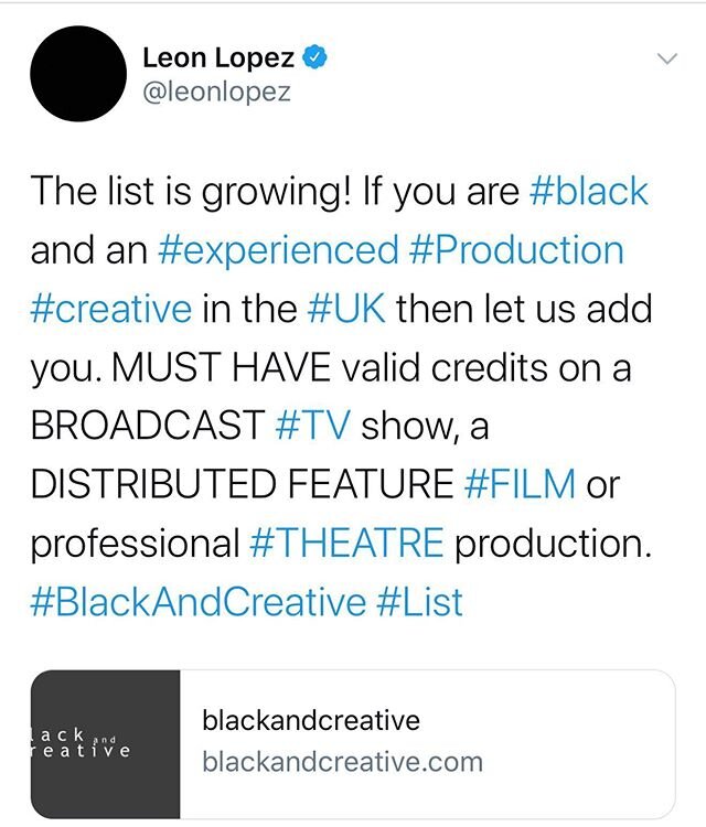 Hey gang. Created the @blackandcreativeuk list. For #Production #Creatives in #TV, #Film and #Theatre. Links are on the linked insta page. If you or anyone you know have the valid credits please let them and us know. This is for behind the scenes sta