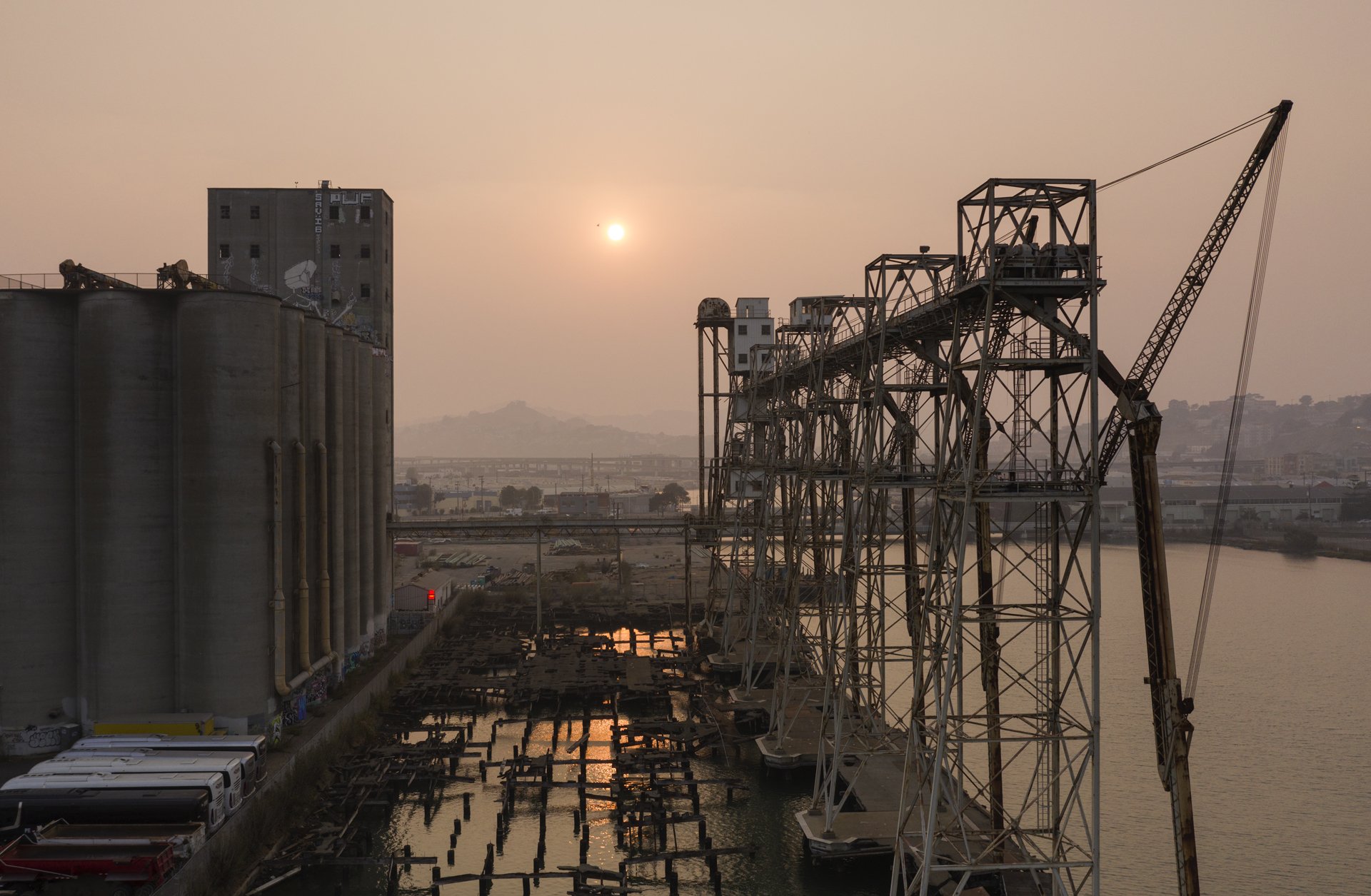 Silo under smoky skies