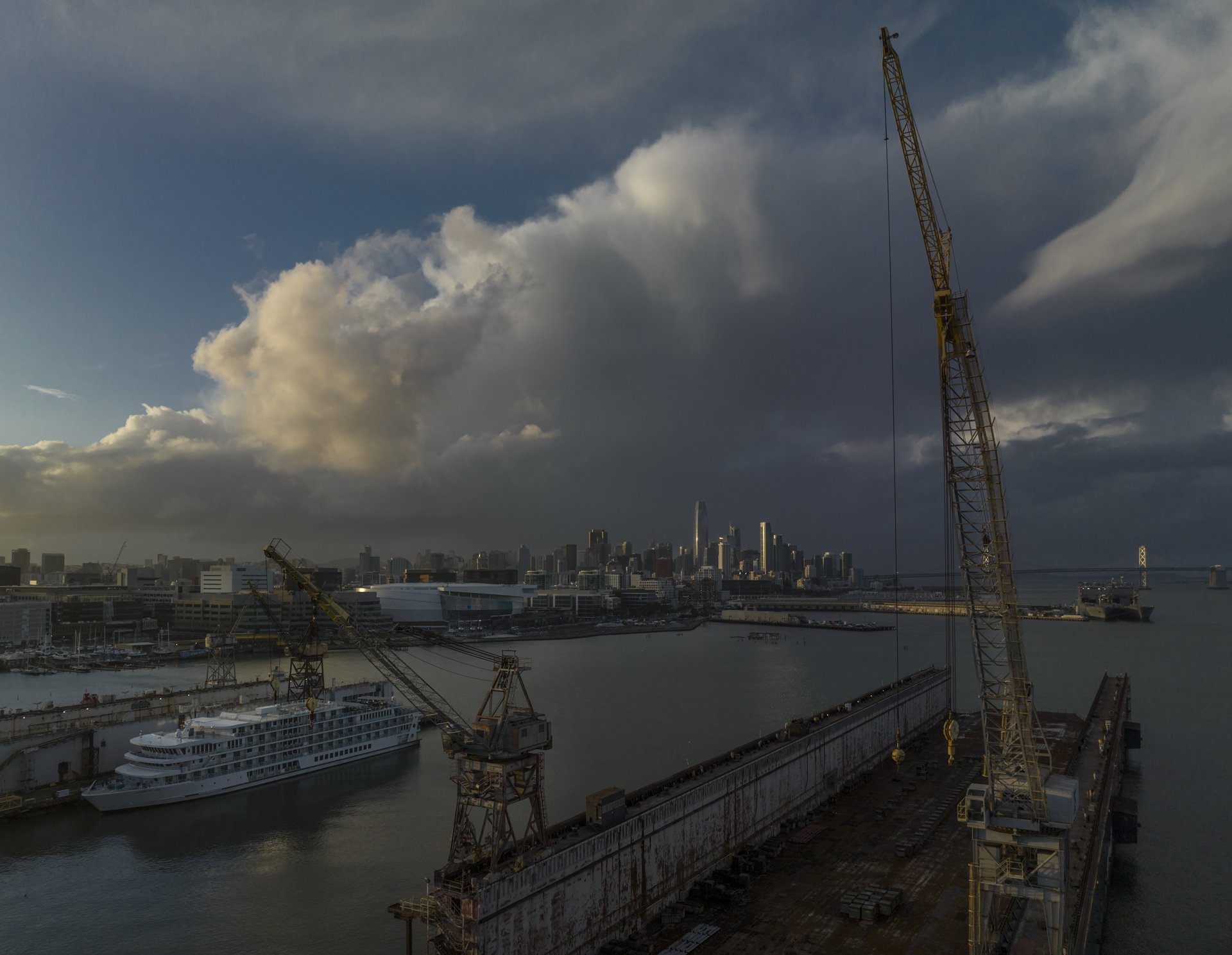 Pier 70 under storm clouds