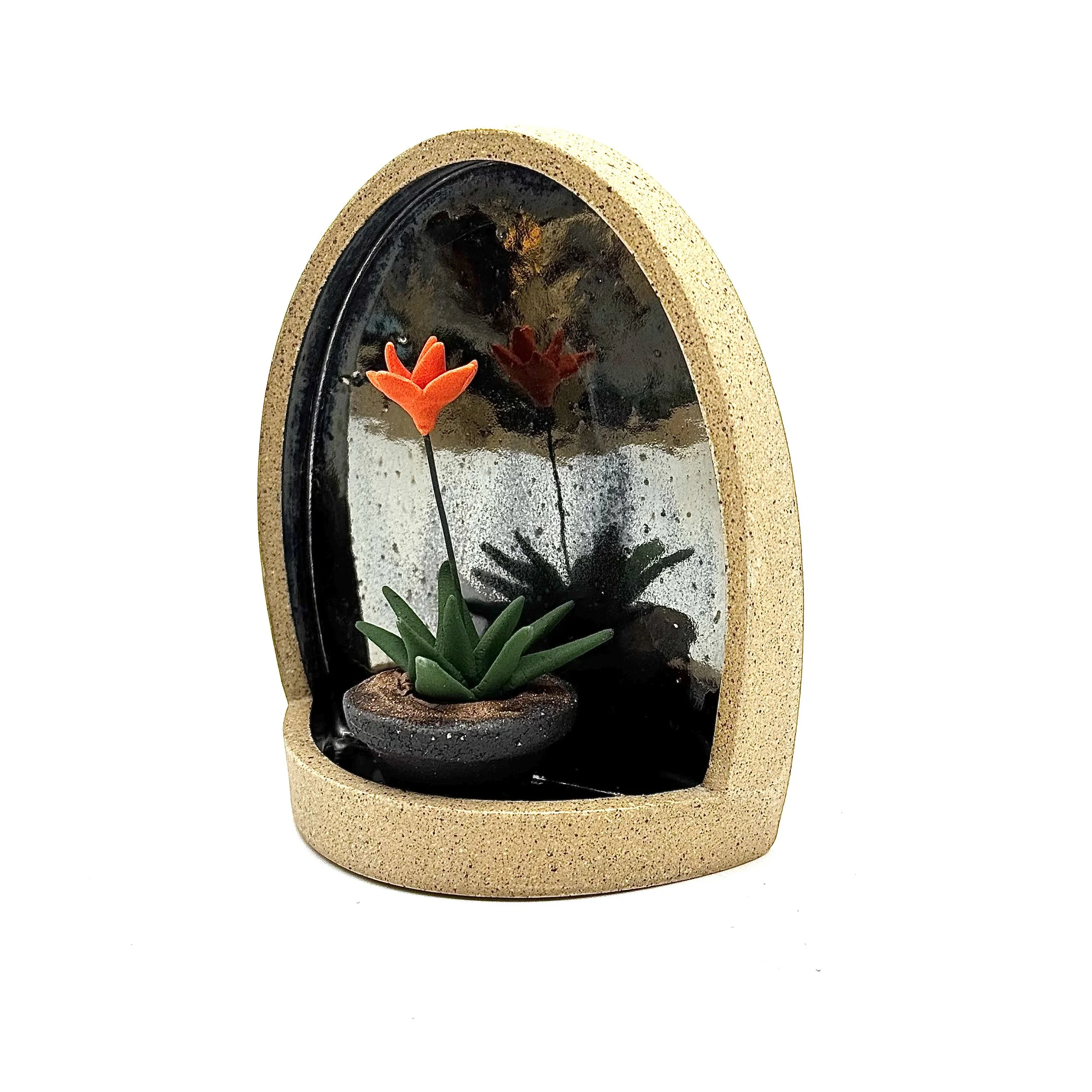 84- Large Tapered Parabolic Wall Hanging Arch with Short Orange Bromeliad