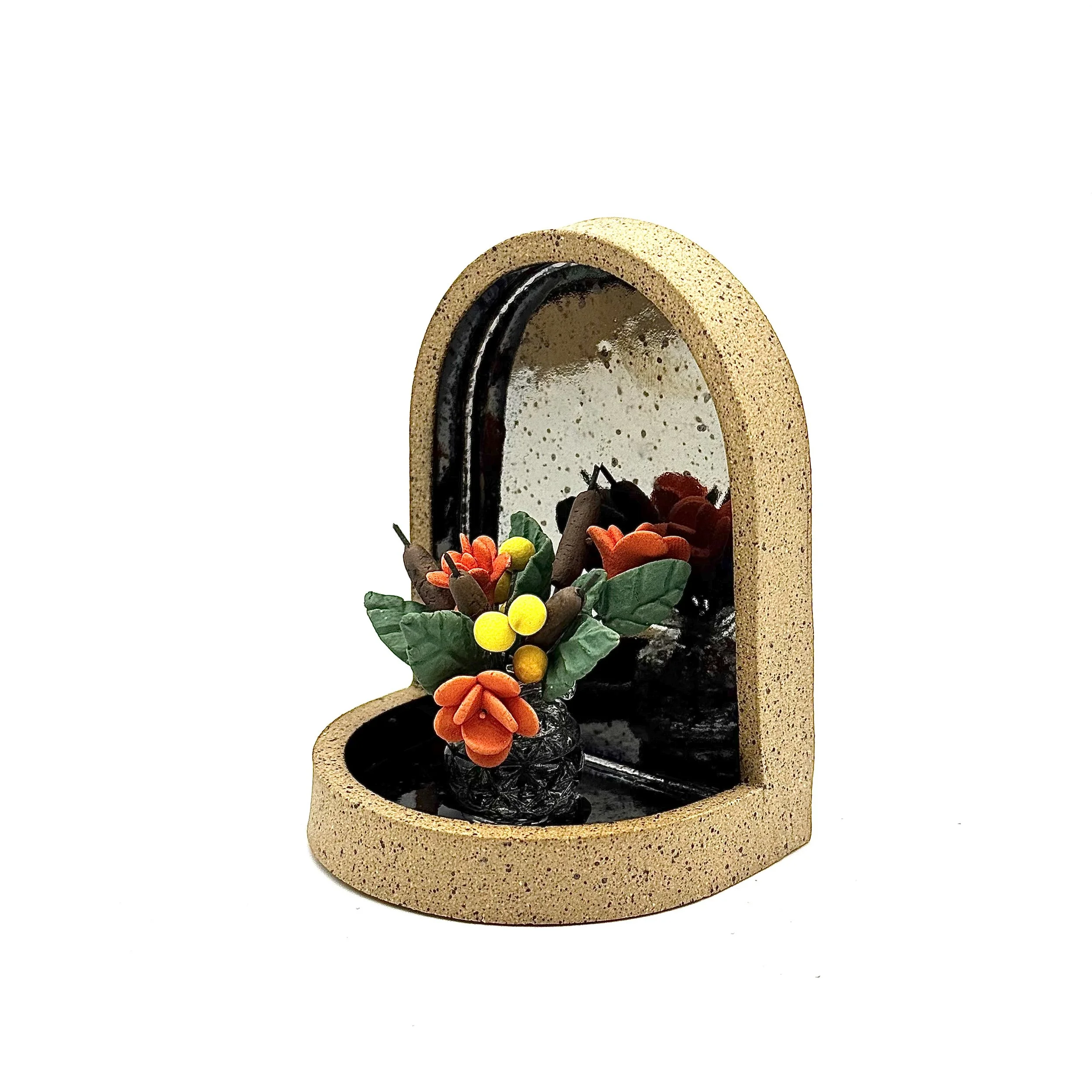 57- Wall Hanging Arch with Glass Vase and Orange Bouquet