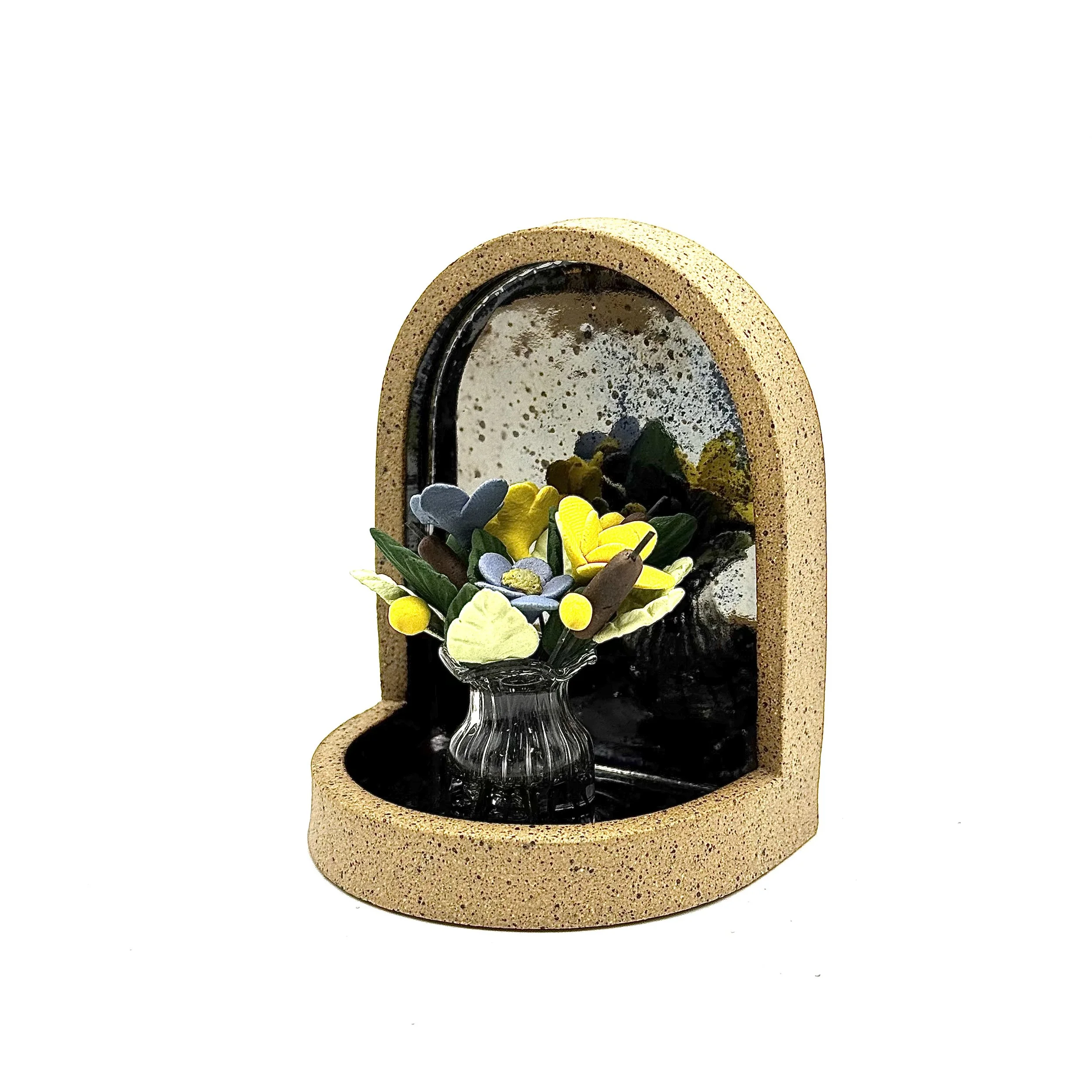 56- Wall Hanging Arch with Glass Vase and Yellow and Lavender Bouquet