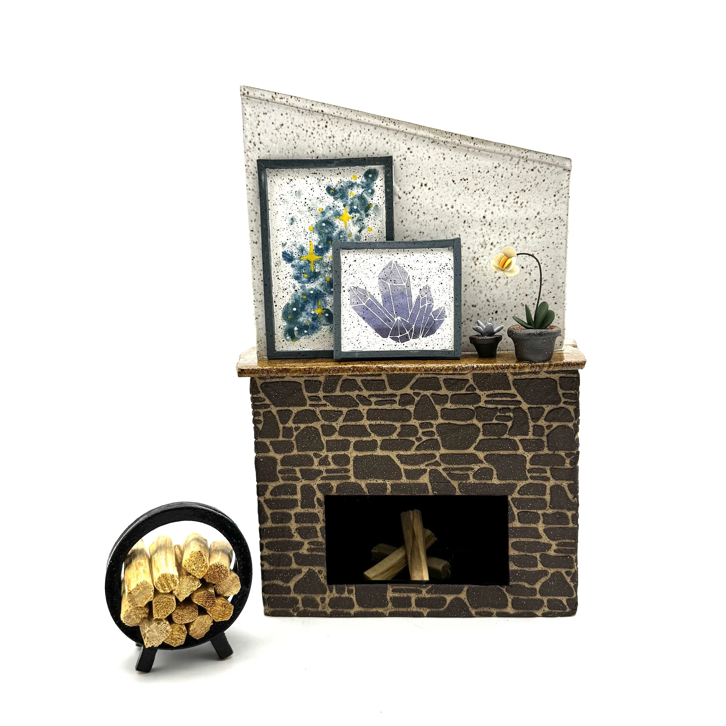 10-Preorder Brown Stone and White Mantel Palo Santo/ Incense Burning Fireplace  with Mini Log Holder