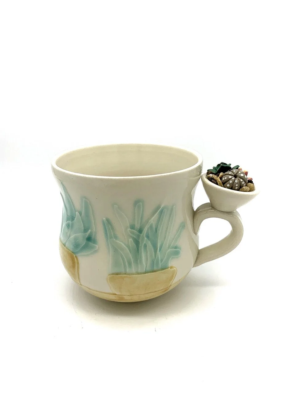 Etched celadon planter mug with planter box thumb rest