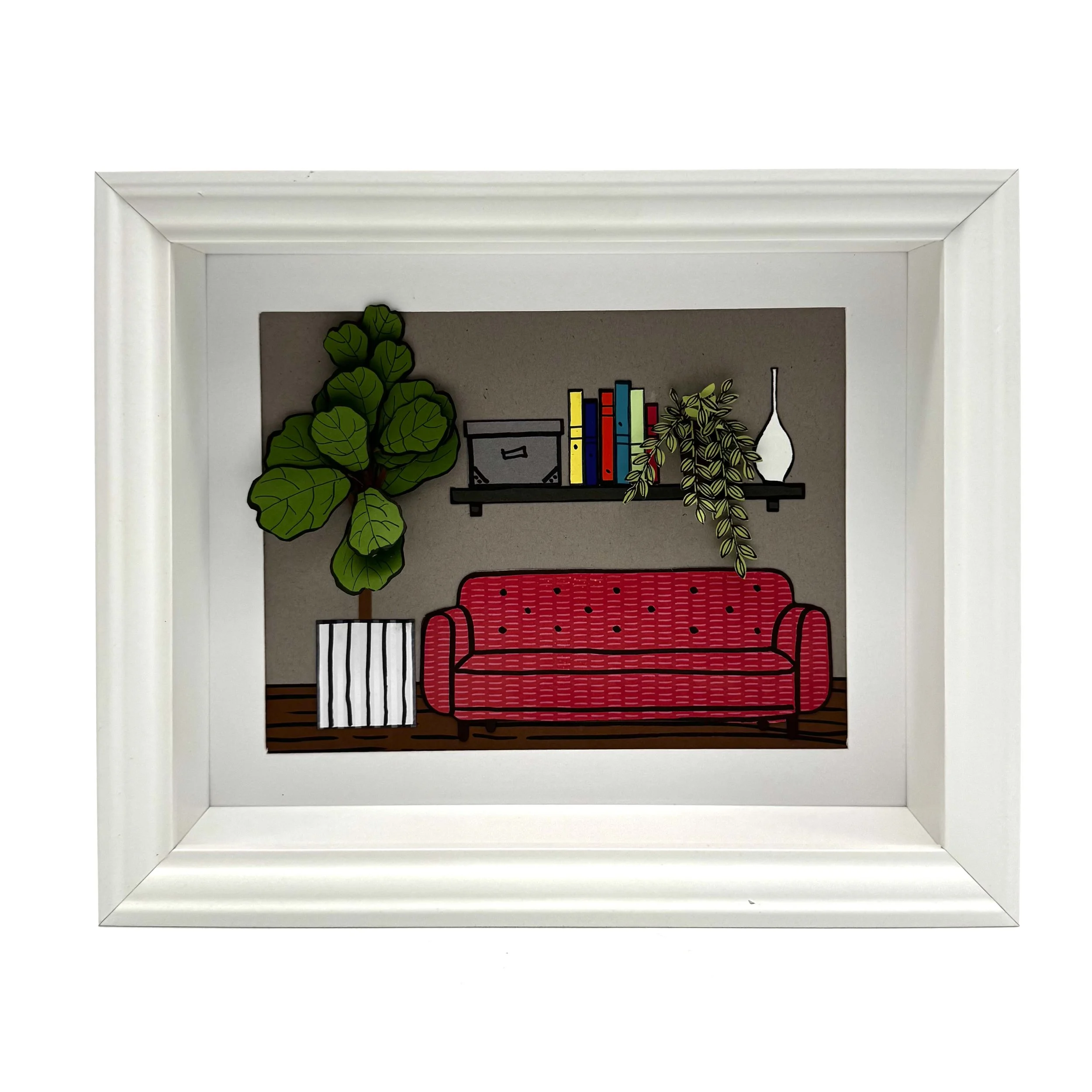 53- Framed 3-D Paper Collage with Red Couch