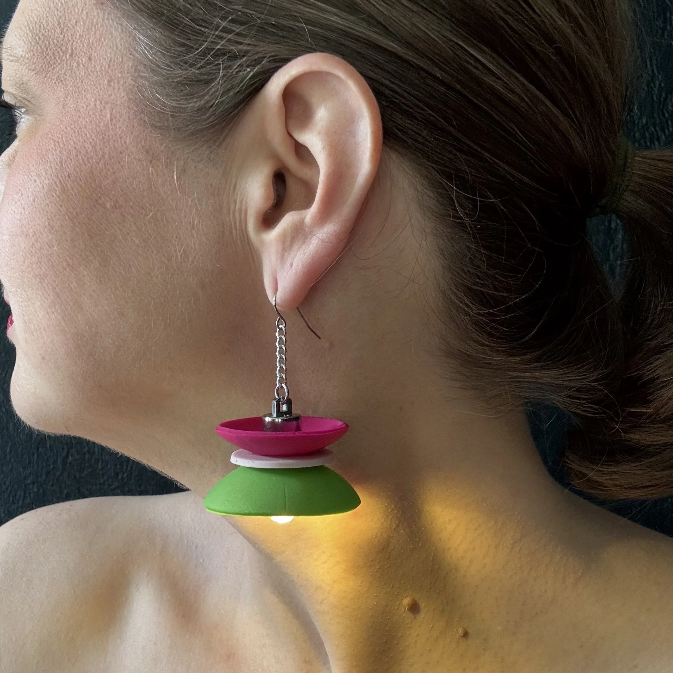 3 Tier Hot Pink, Pearl Green Illuminated Earrings