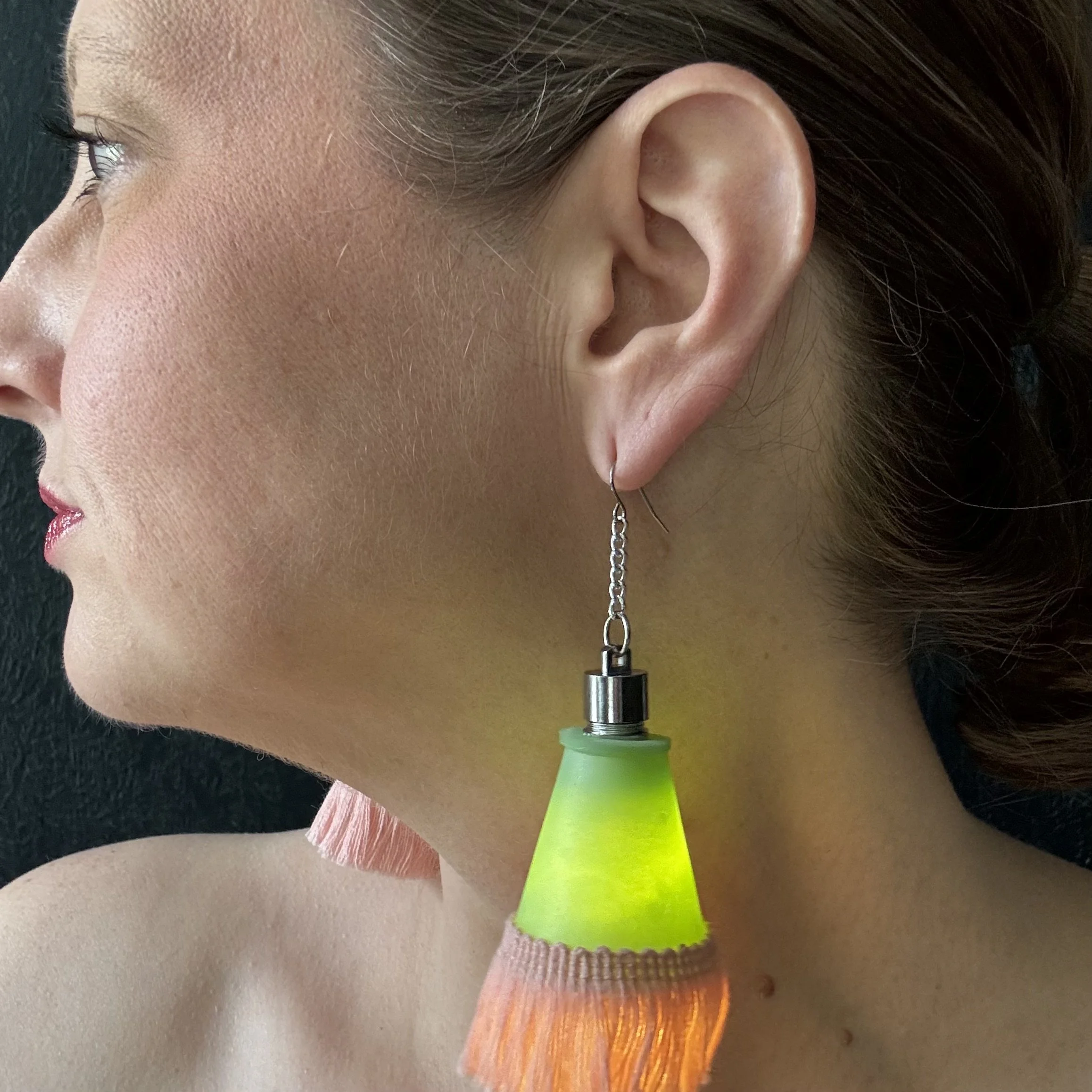 Green Lamp Shade with Pink Fringe Illuminated Earrings
