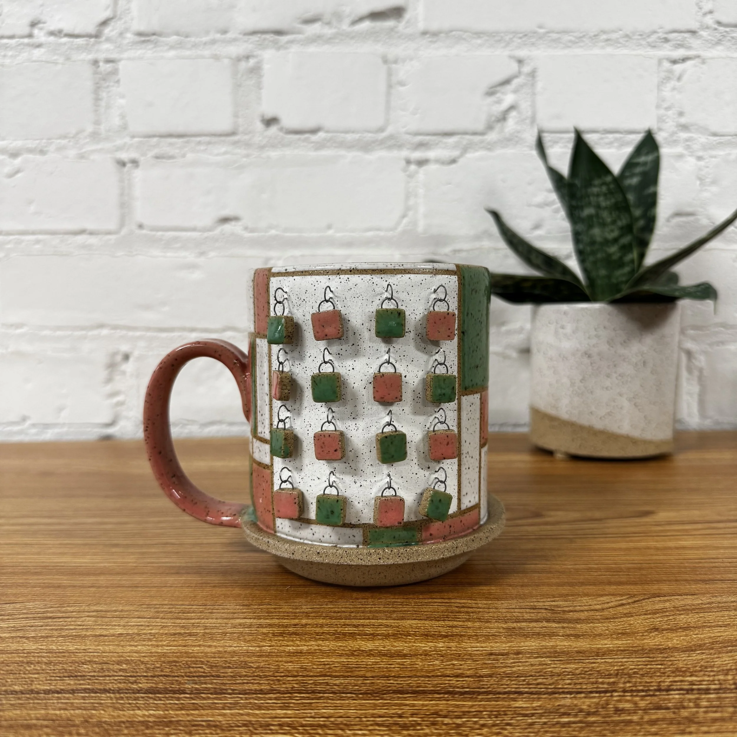 23- Pink, Green and White Mondrian Jingly Mug