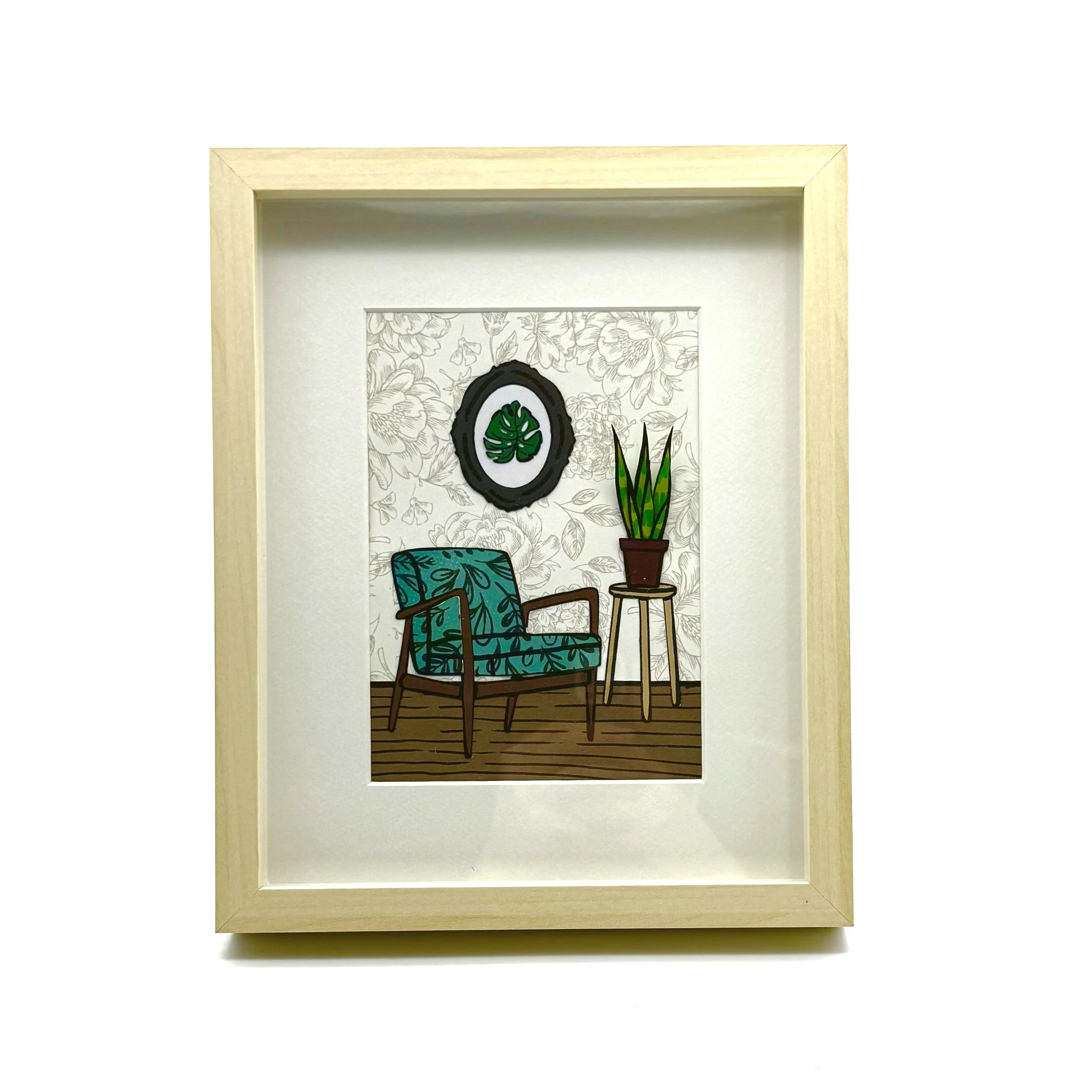 50- Framed 3-D Paper Collage with Blue Chair and Sansevieria