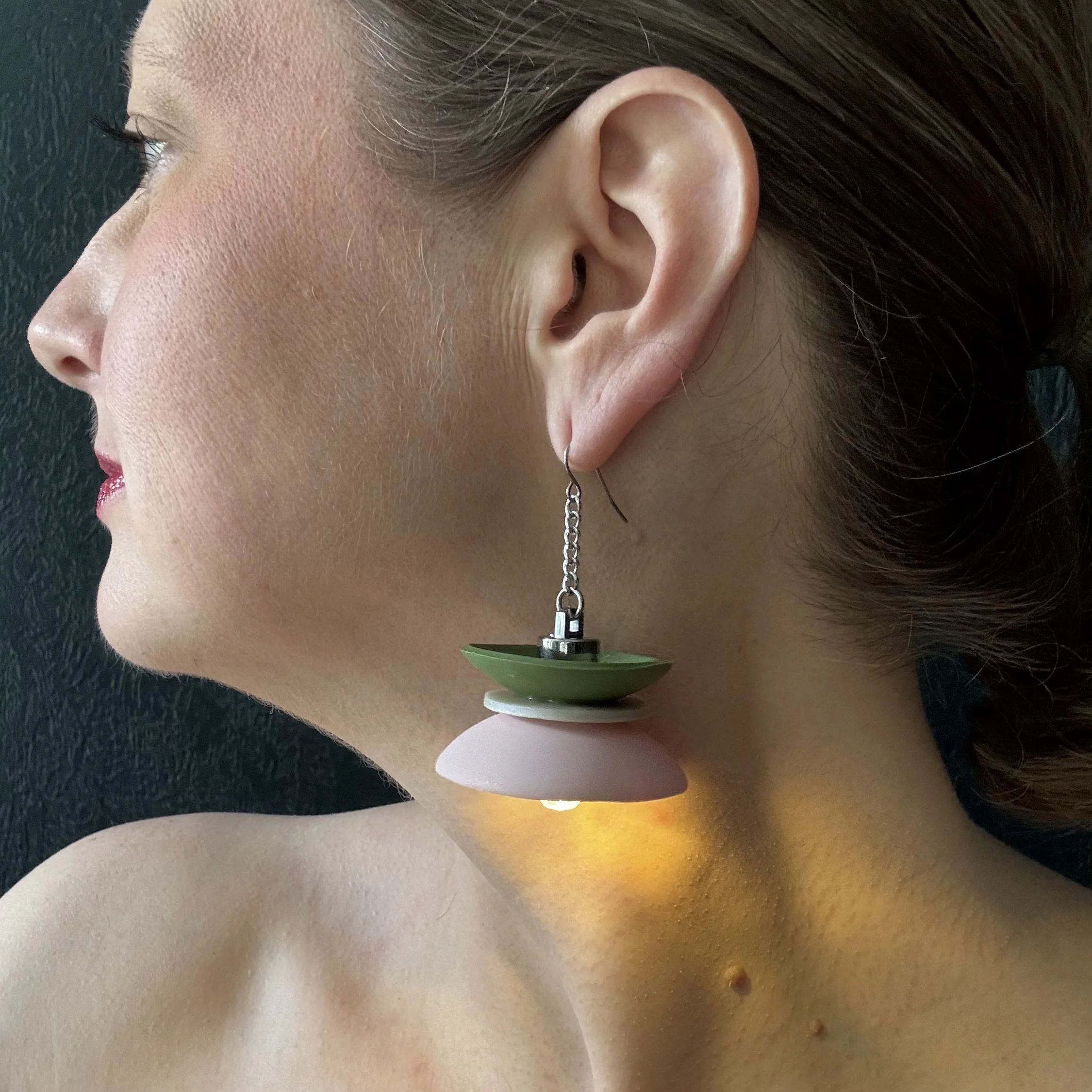 3 Tier Avocado Pearl Pink Illuminated Earrings