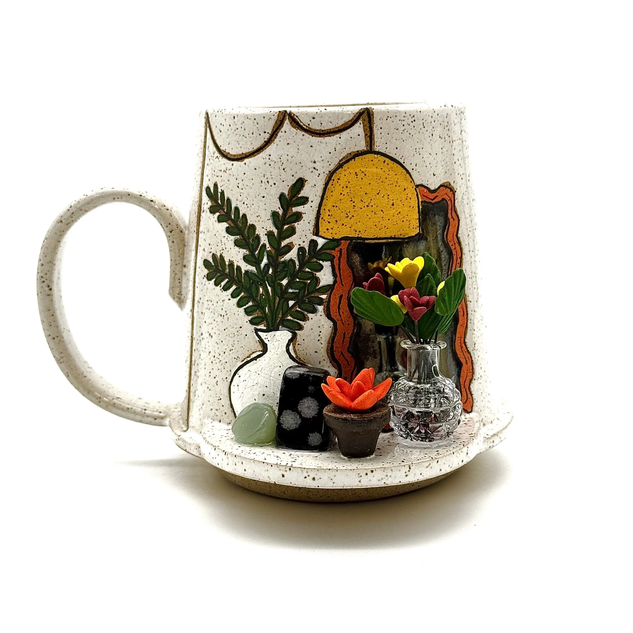 32- Tall Tapered Gallery Wall Mug with Orange Squiggle Mirror + Vase with Fresh Cut Flowers- (Most suitable for right handed drinkers)