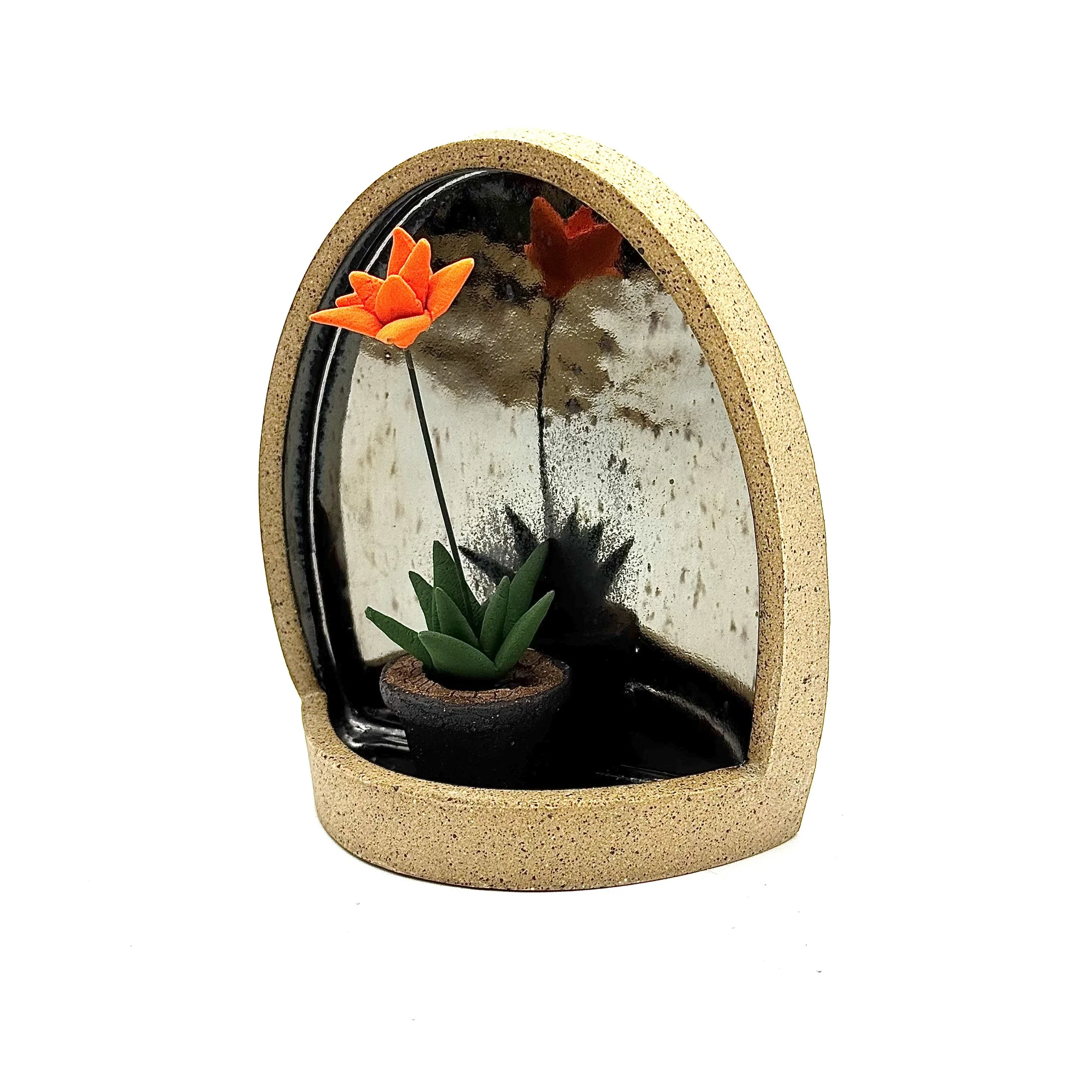 85- Large Tapered Parabolic Wall Hanging Arch with Tall Orange Bromeliad