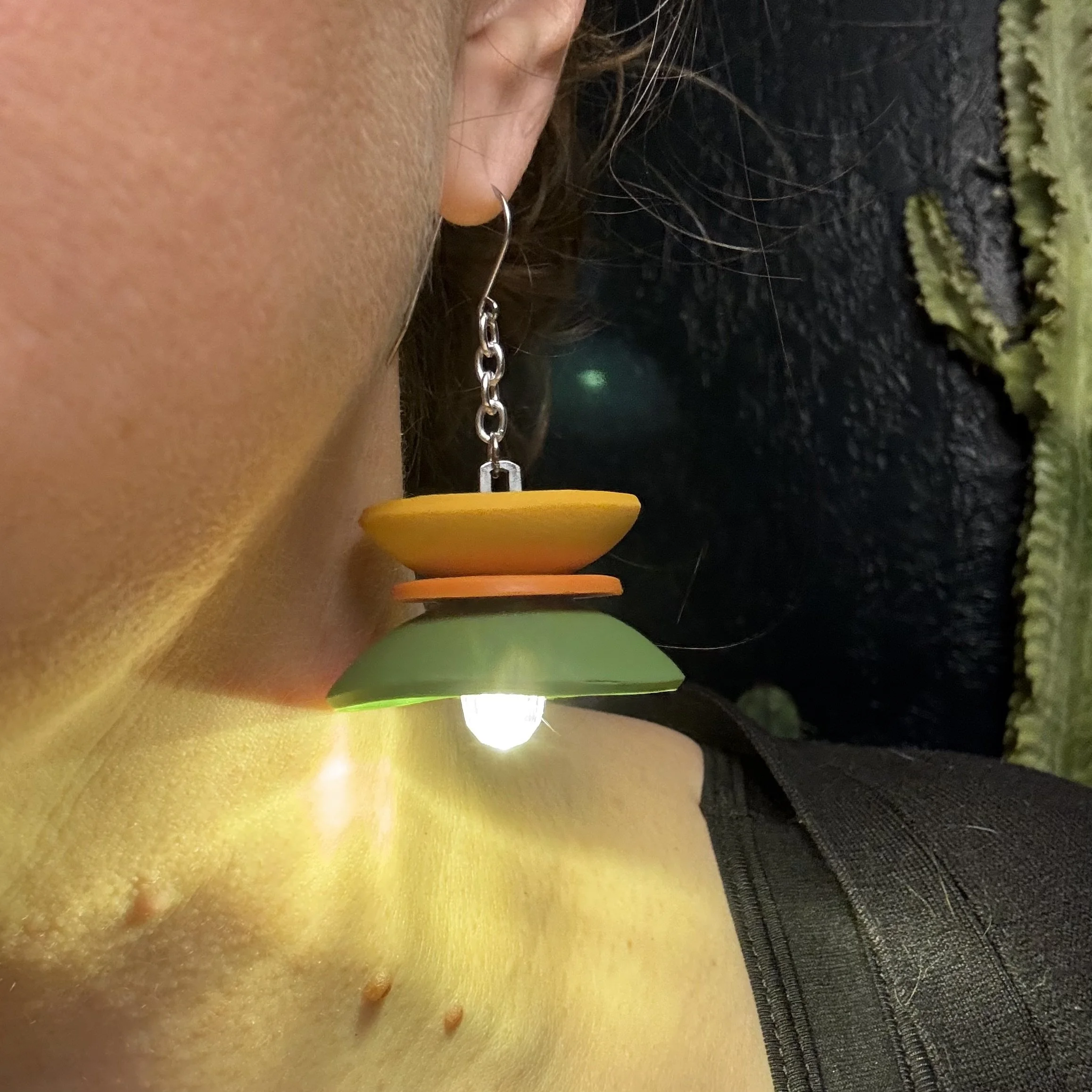 Three Tier Mustard, Orange & Avocado Dome Illuminated Earrings 25