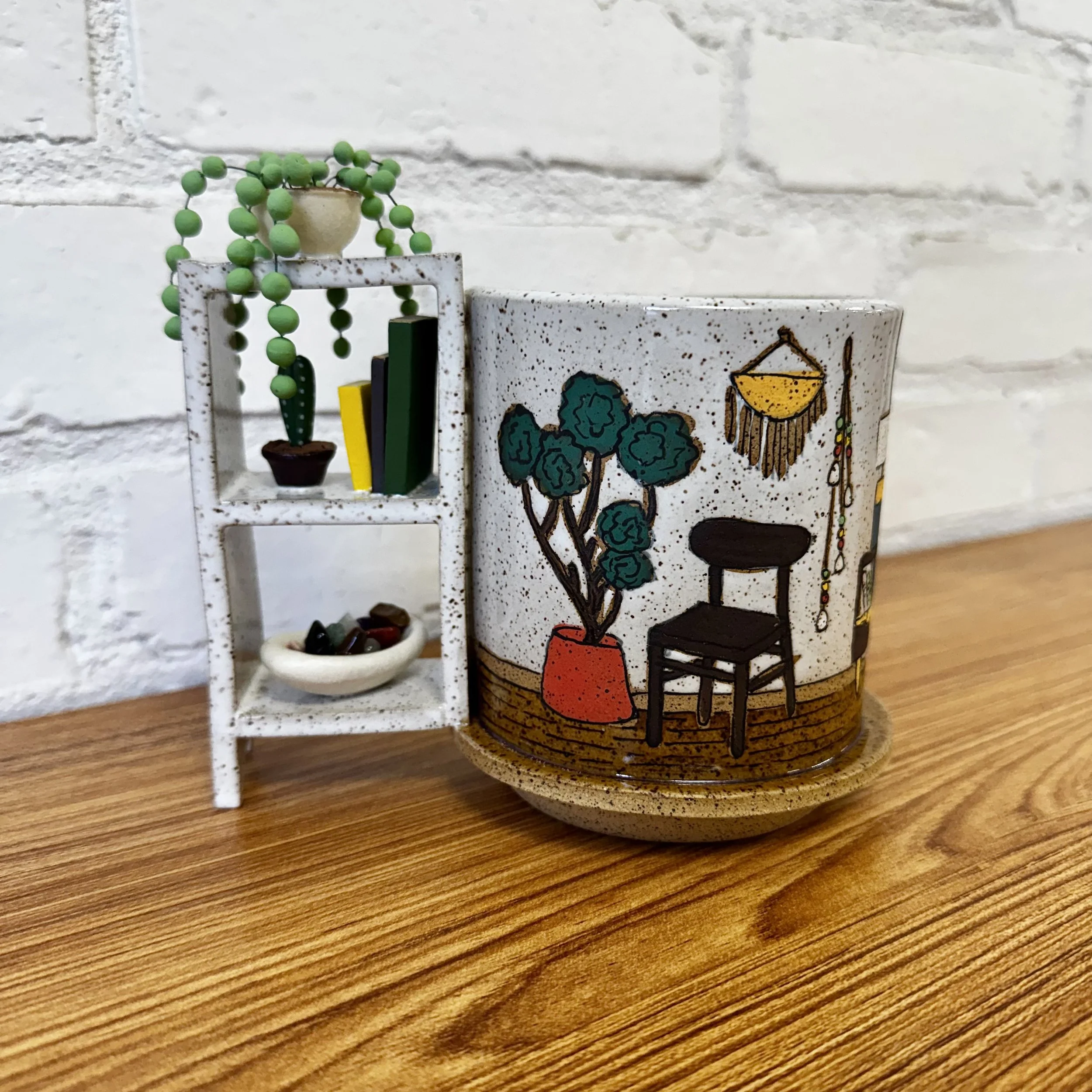 Shelfie with Wood Chair and Arch Mirror Mug