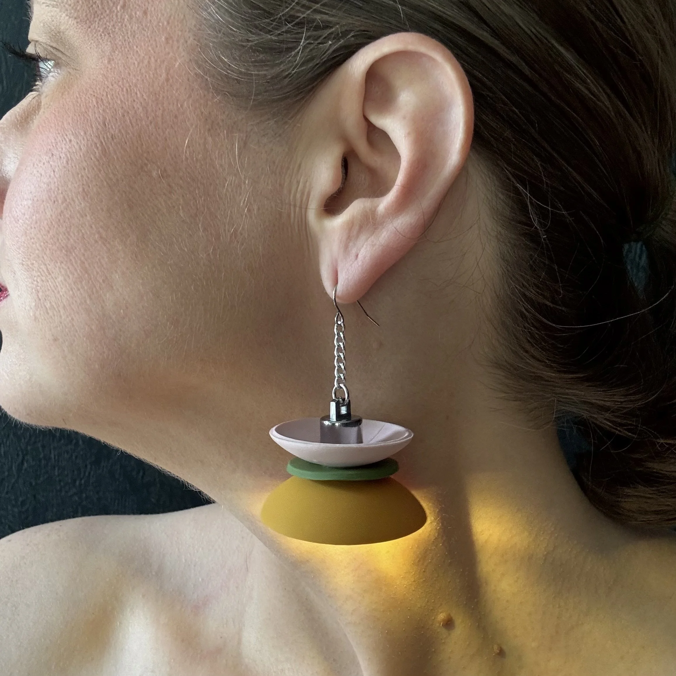 3 Tier Pink Avocado Mustard Illuminated Earrings