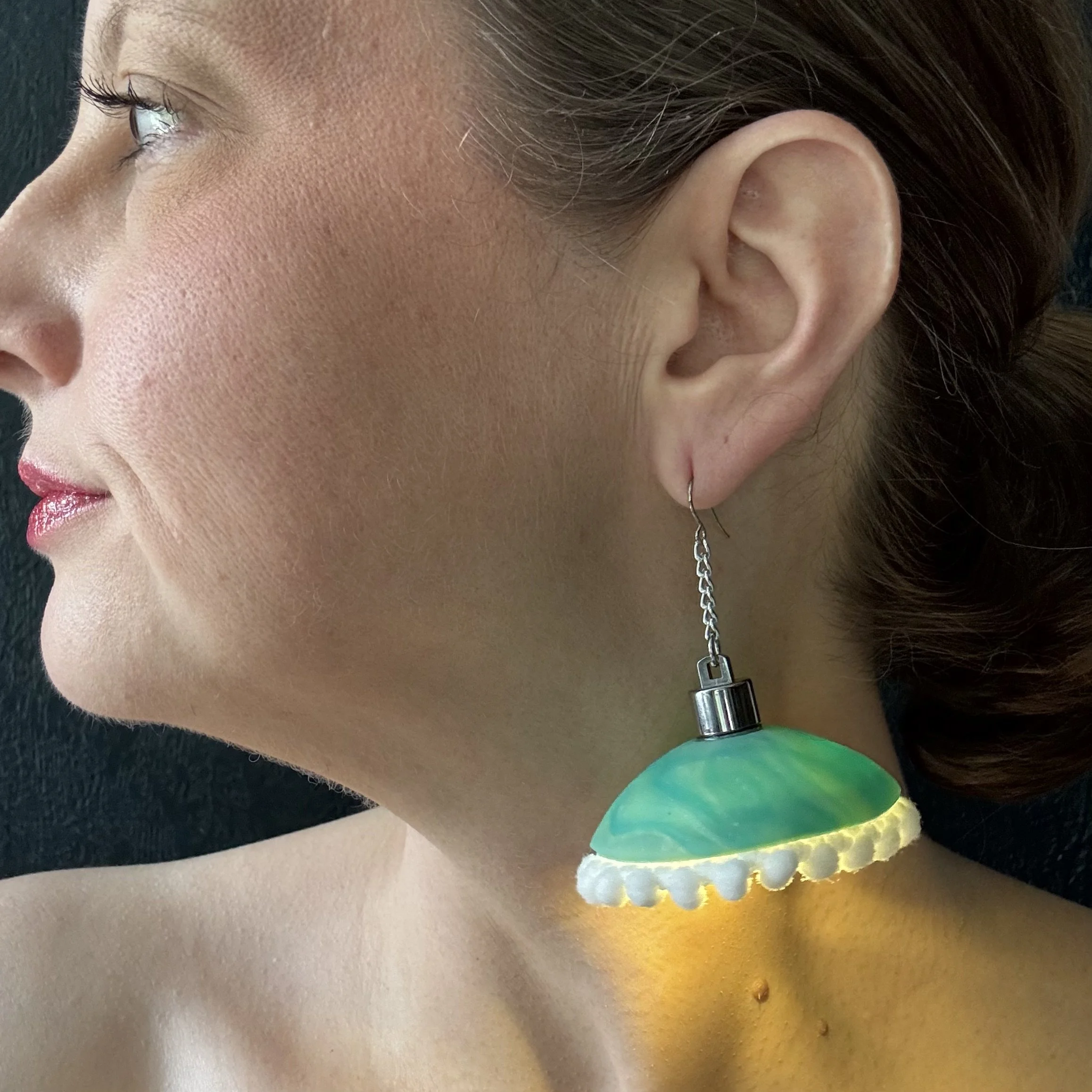 Green Marble Pom Pom Illuminated Earrings