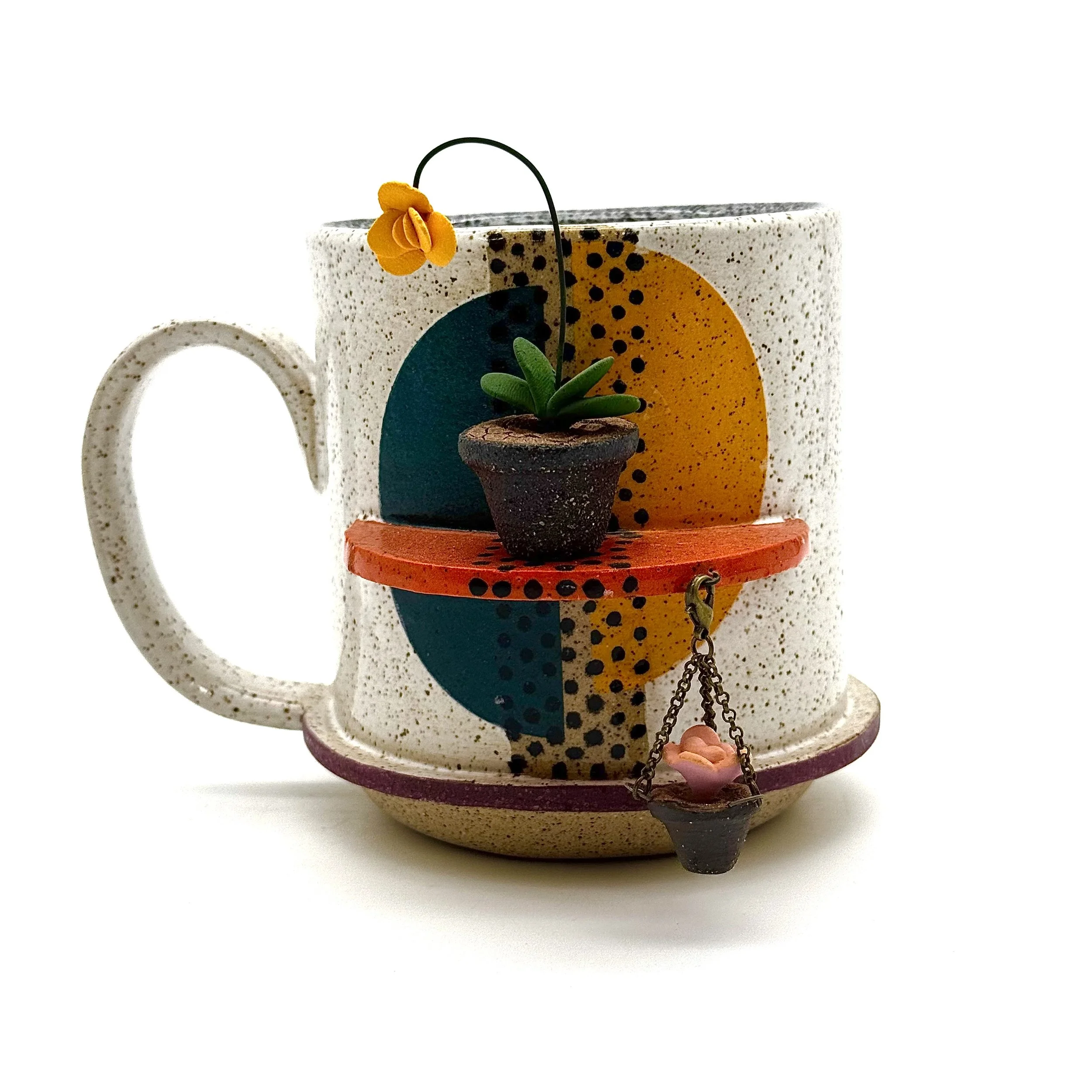 39- Minimal Shape Mug with Split Teal Blue and Nectar Circle-Dot Detail and Hanging Succulent- (most suitable for Right handed drinkers)