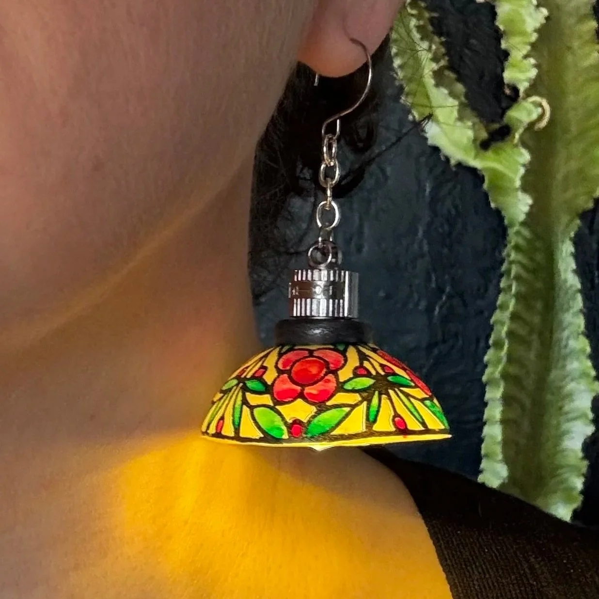 Screen Printed and Hand Painted Stained Glass Illuminated Earring.