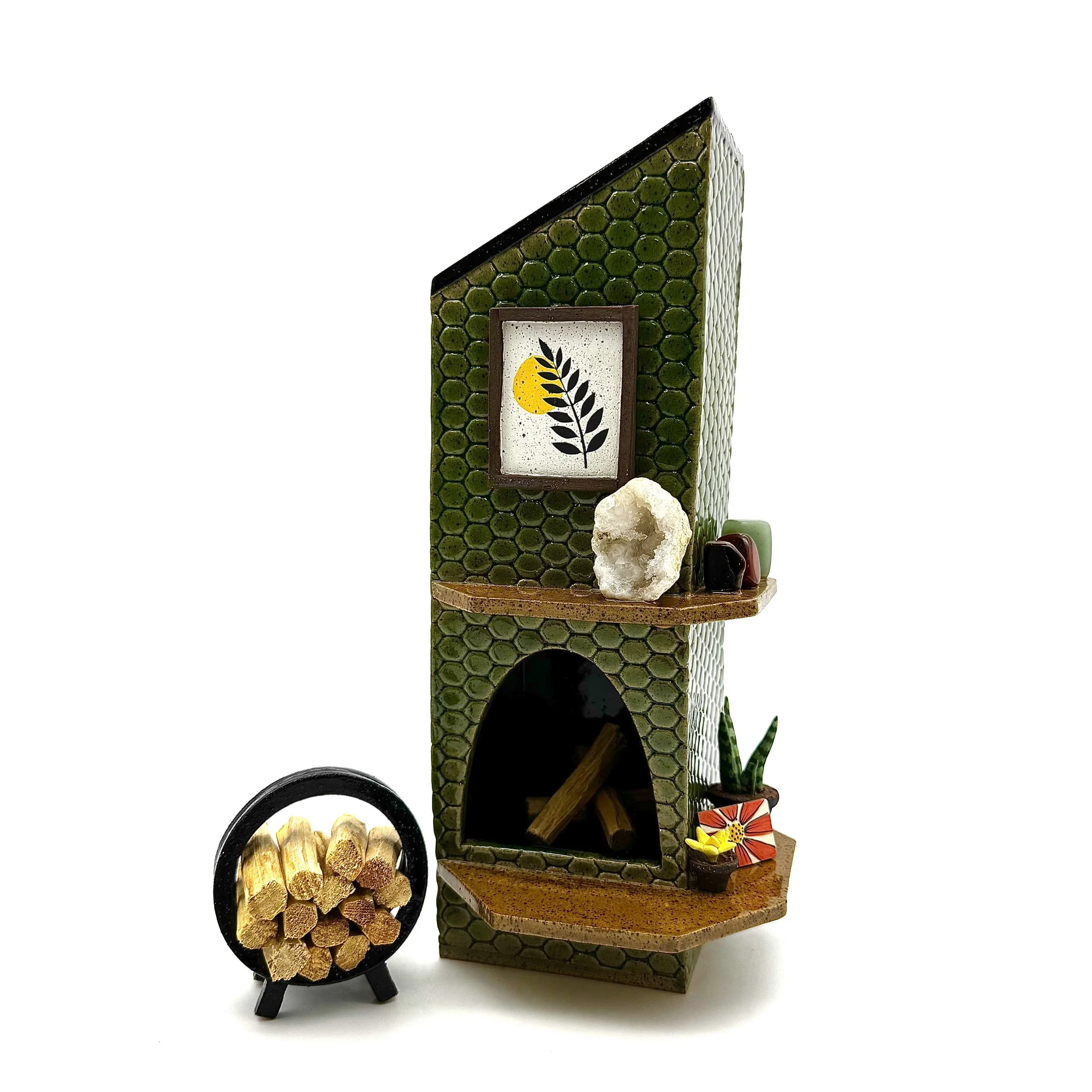 11-Preorder Angled Tile Palo Santo/ Incense Burning Fireplace + Log Holder