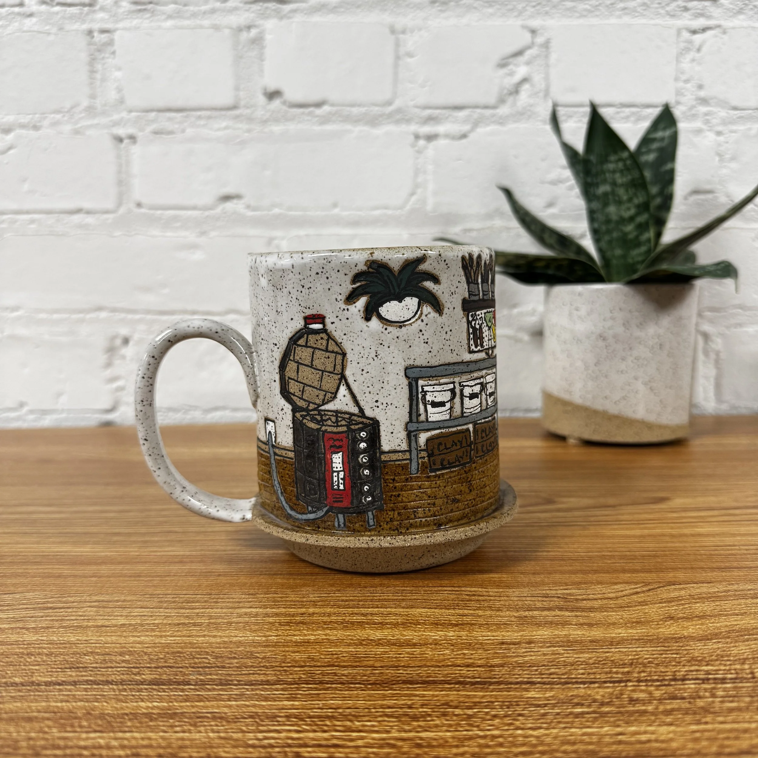 33a- Ready to Ship- Test Tile Mug with Kiln, Buckets, Clay Boxes, a Wheel and 16 Test Tiles. Best suited for Left Handed Drinkers