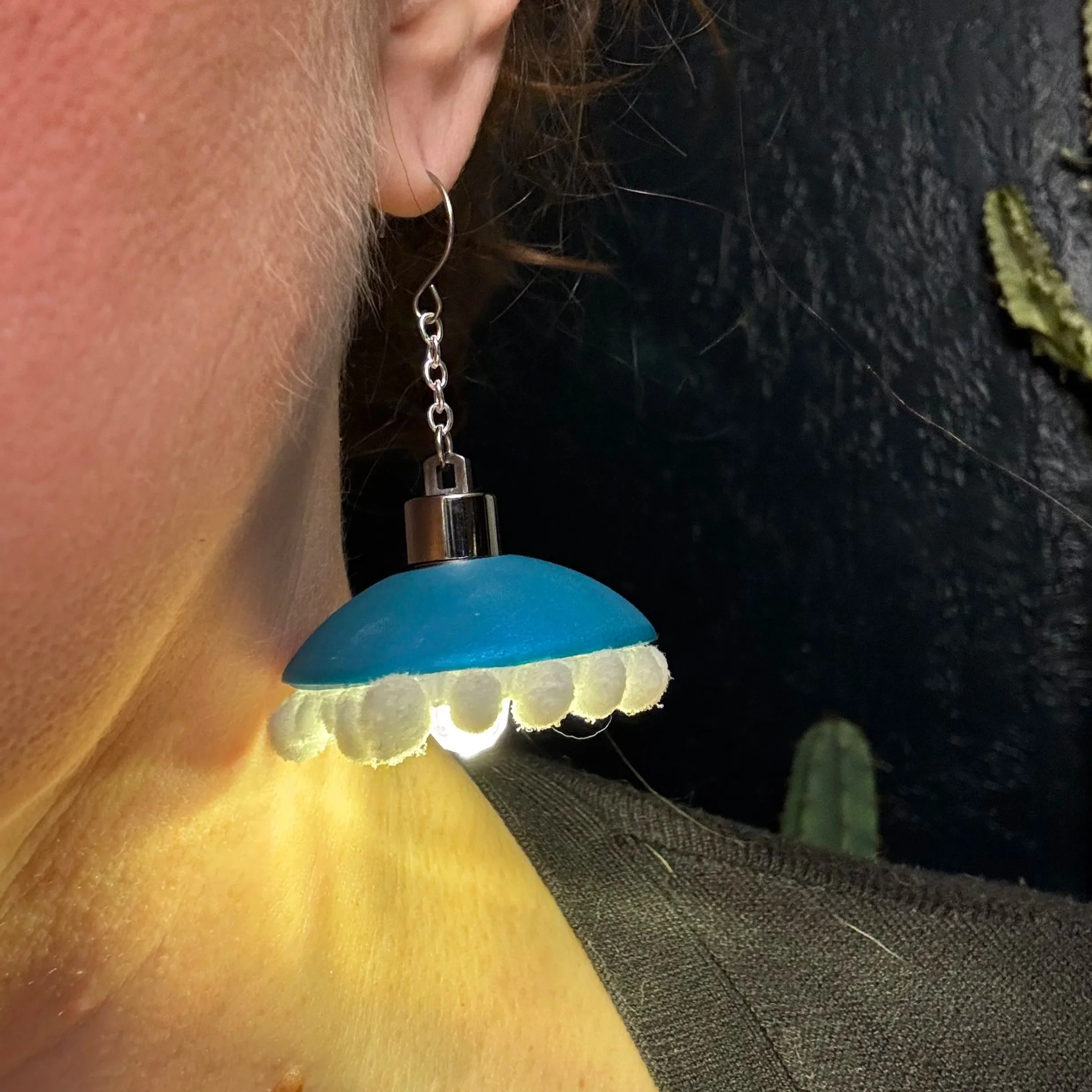 Blue and White Pom Pom Trim Illuminated Earrings 41