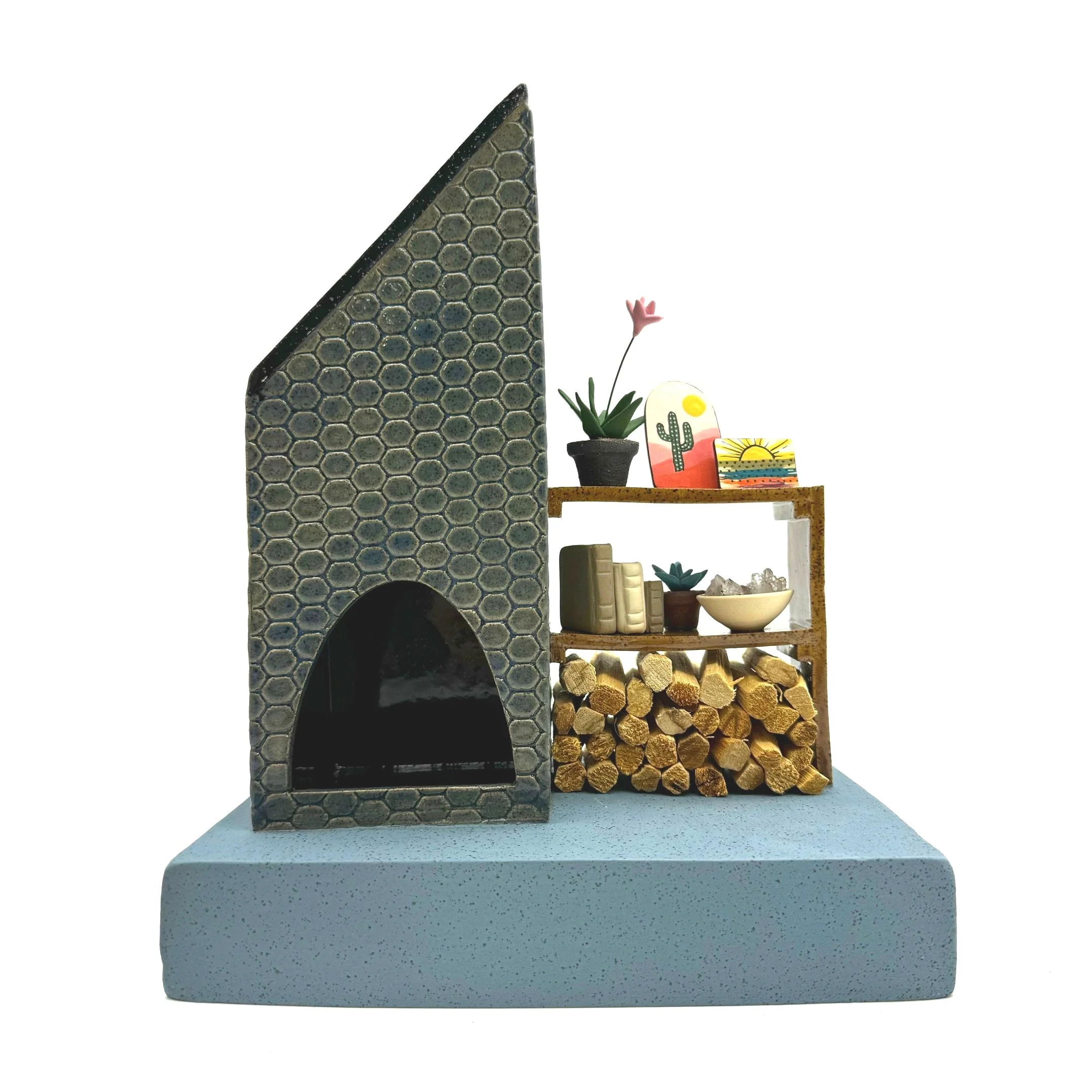 Tile Palo Santo/ Incense Burning Fireplace with Shelf and Log Storage