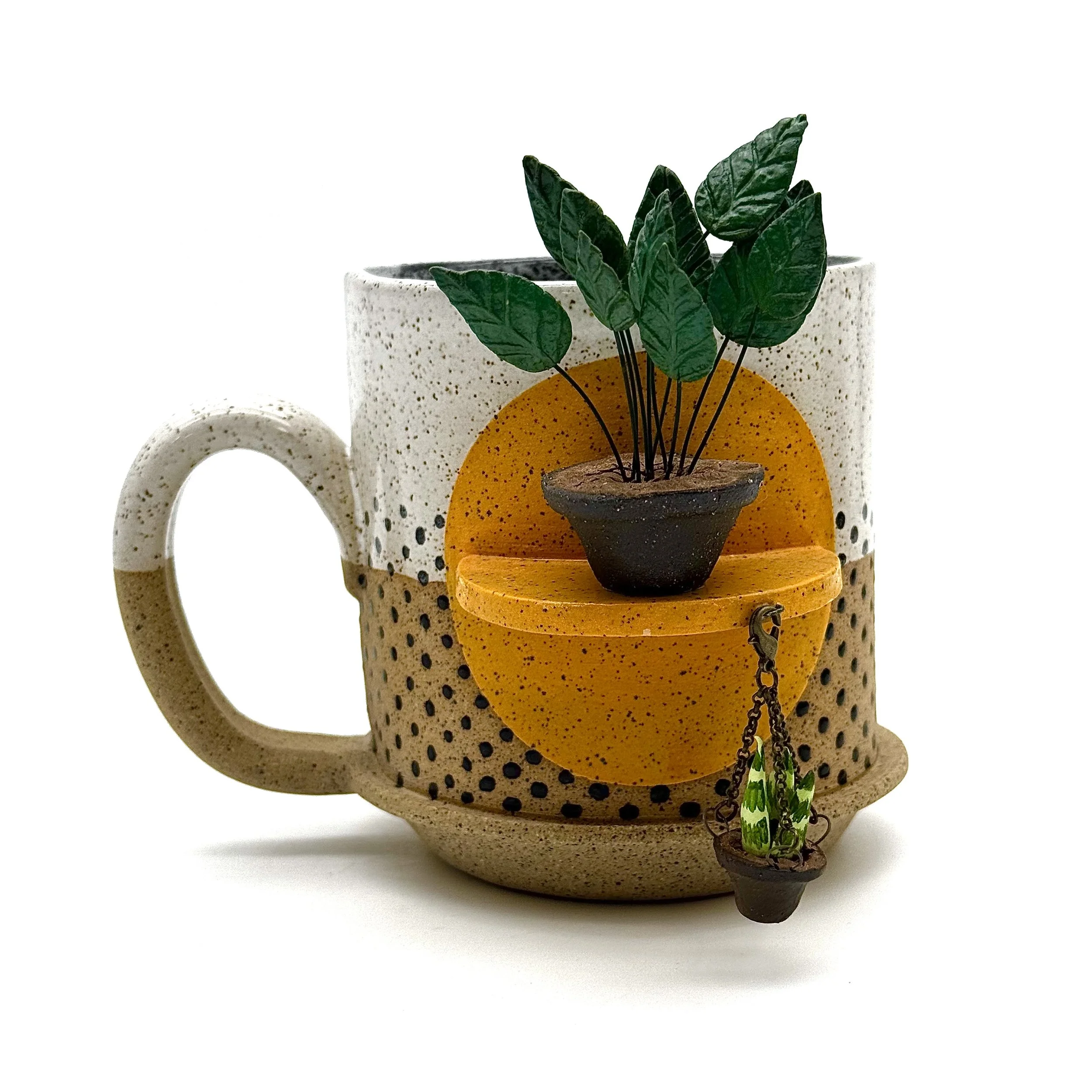 38- Minimal Shape Mug with Gold Dot, Polka-Dot Detail and Hanging Sansevieria- (most suitable for right handed drinkers) (Copy)