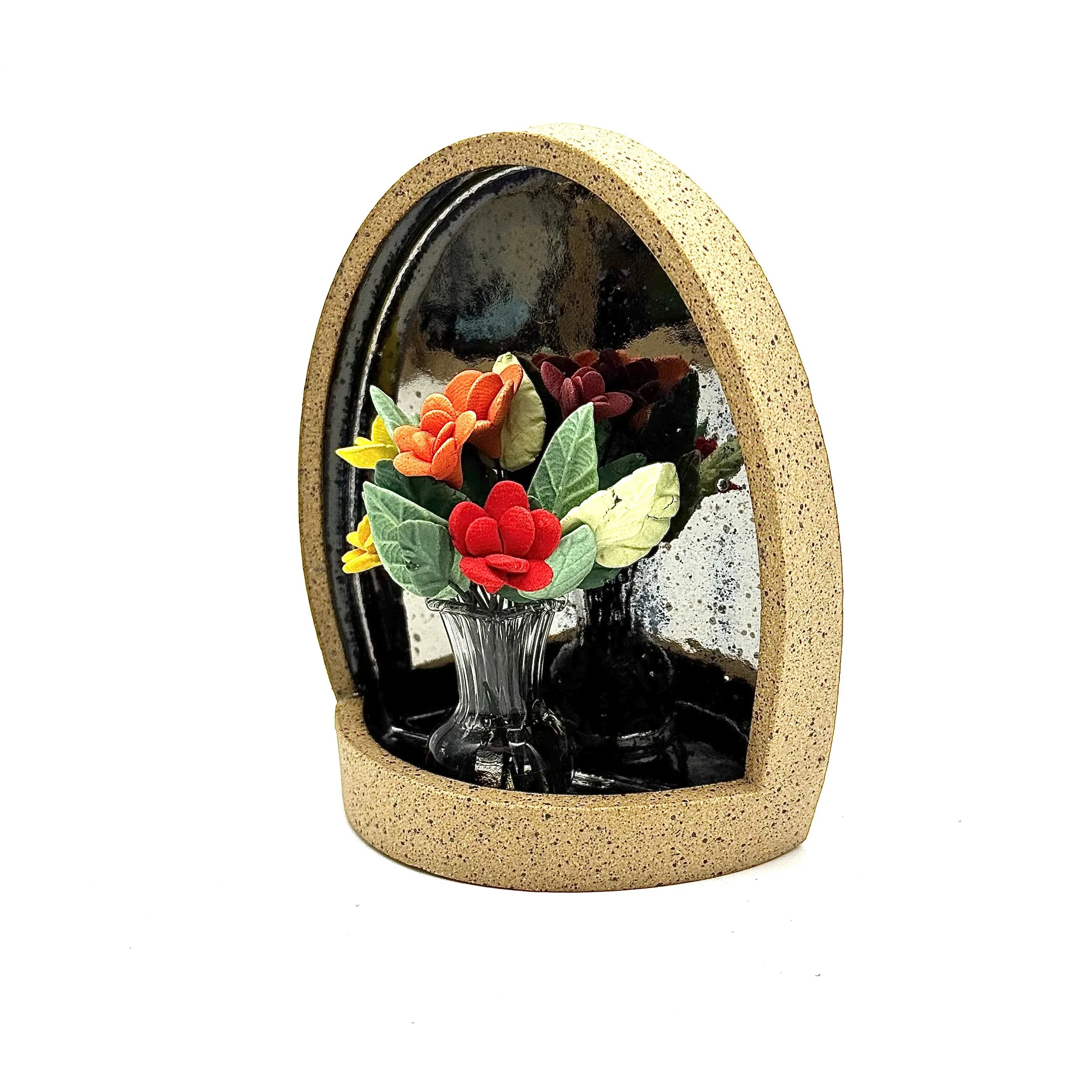 61- Large Tapered Parabolic Wall Hanging Arch with Glass Vase and Warm Colored Bouquet