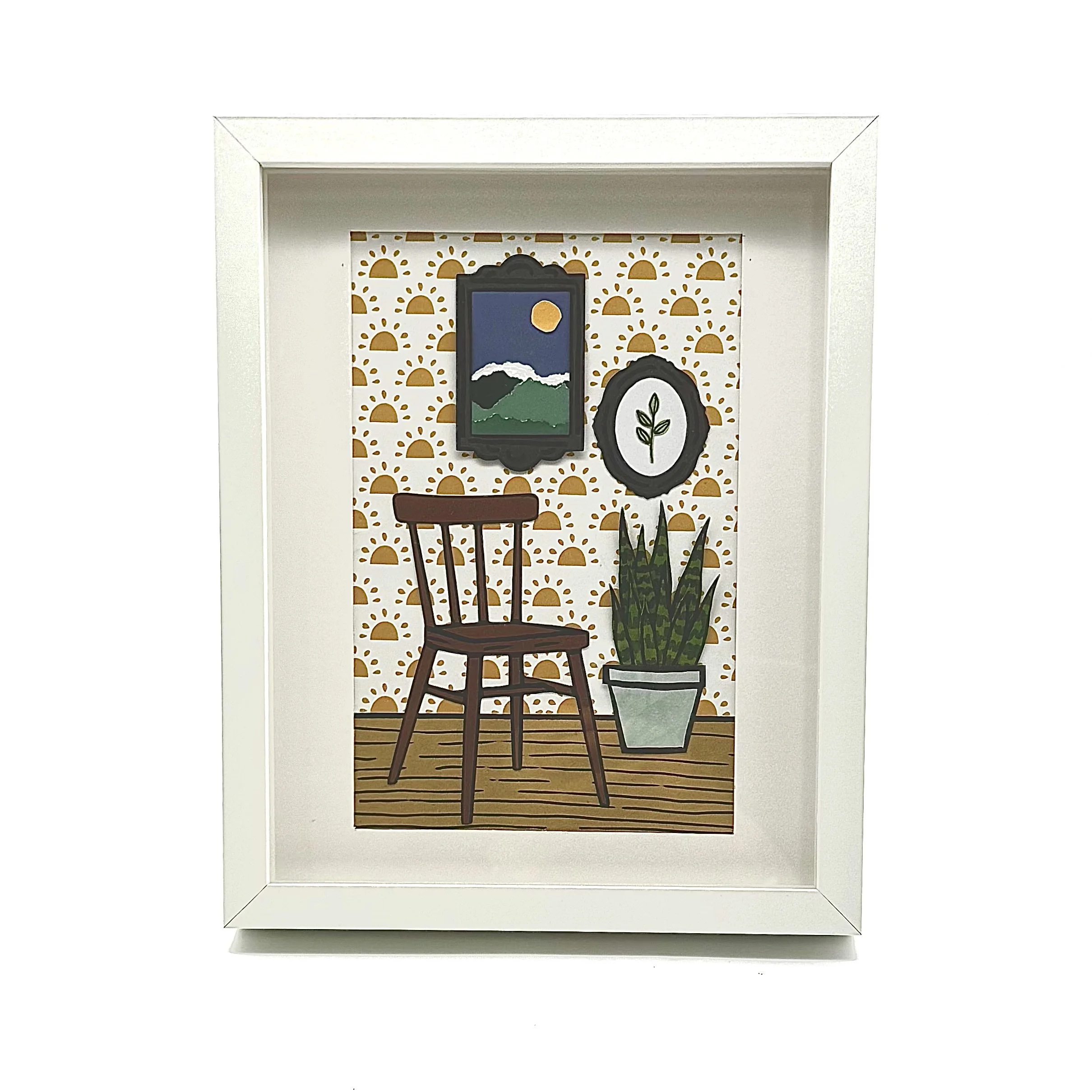 52- Framed 3-D Paper Collage with Wood Chair and Sanseviera