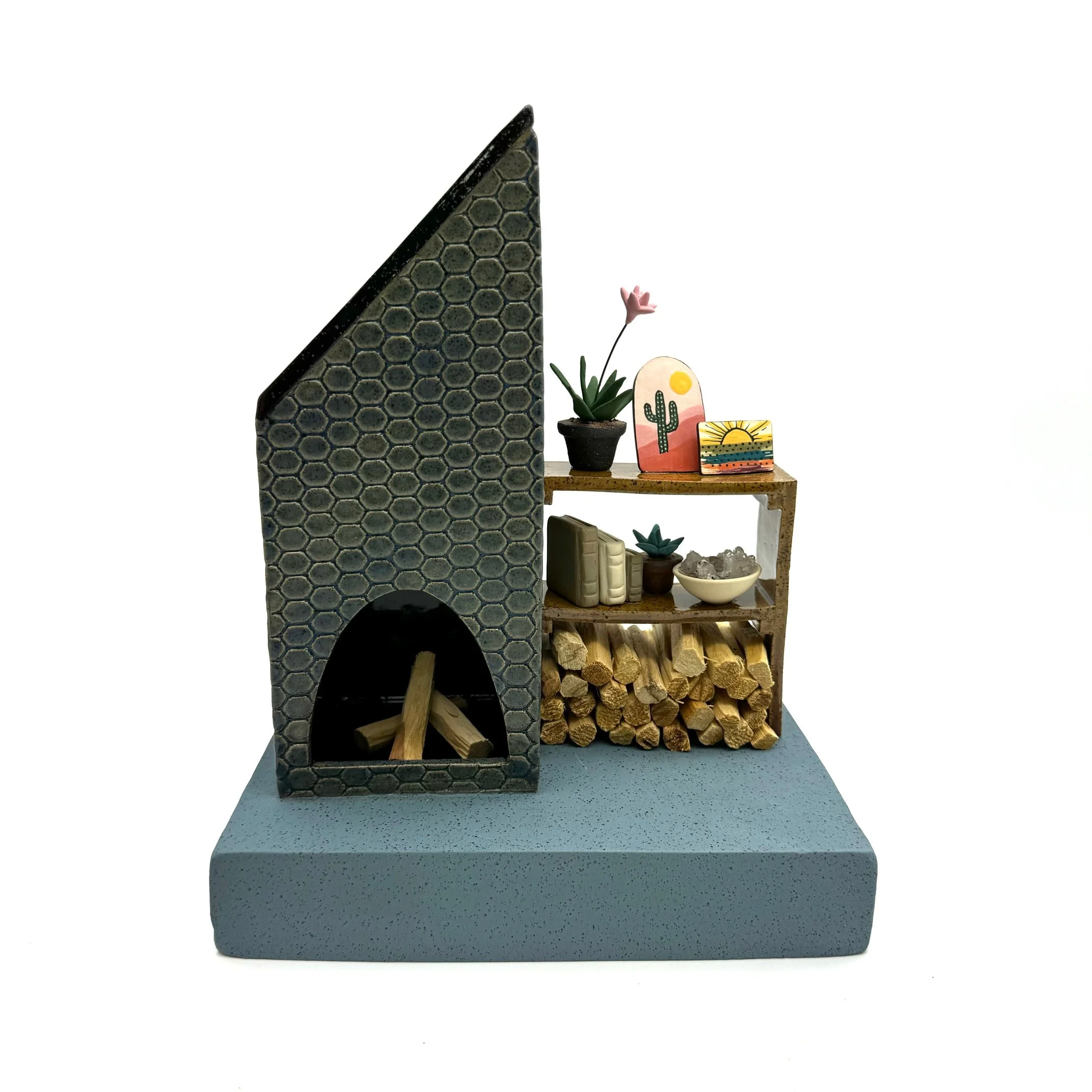 14-Preorder Tile Palo Santo/ Incense Burning Fireplace with Shelf and Log Storage
