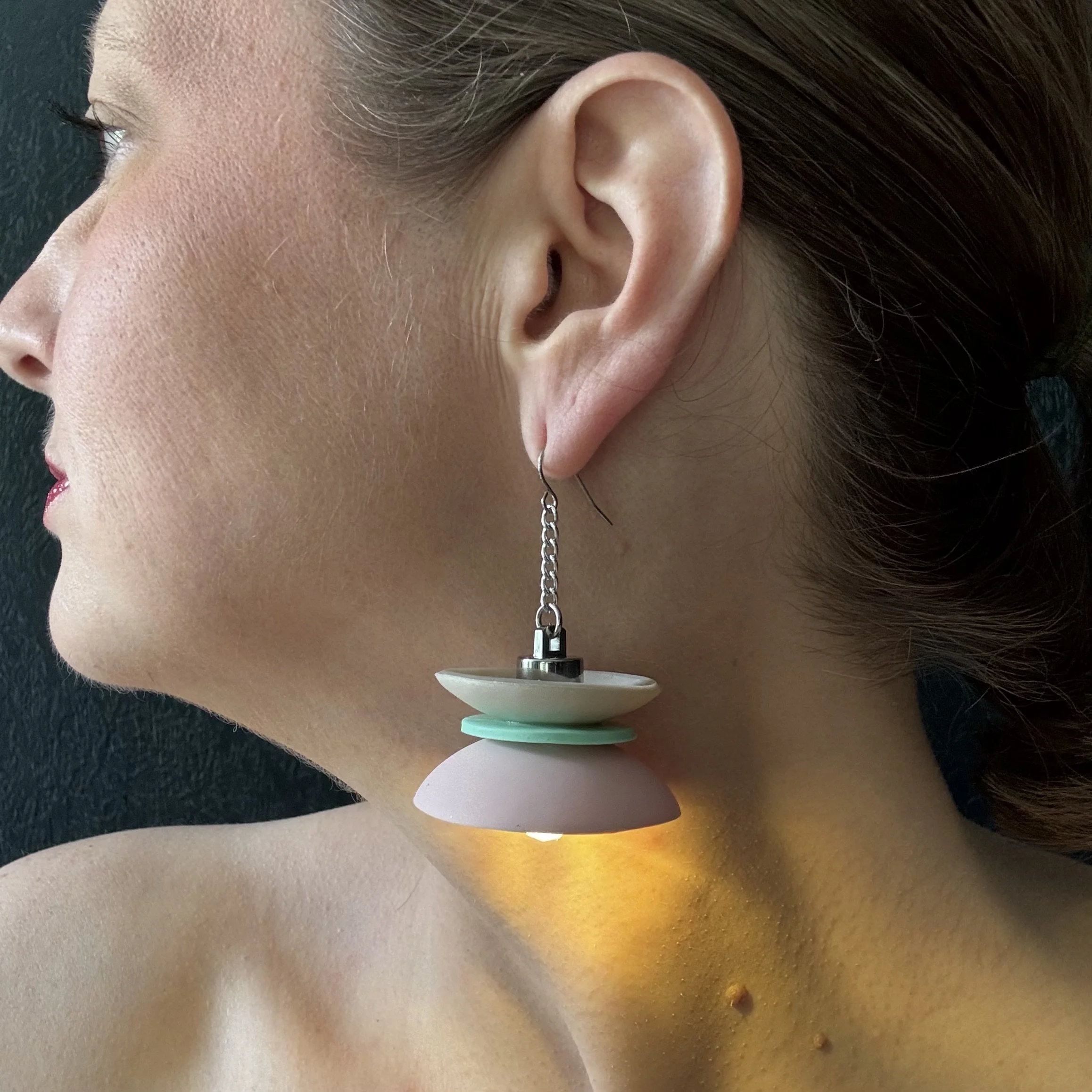 3 Tier Pearl, Sea Foam, Pink Illuminated Earrings