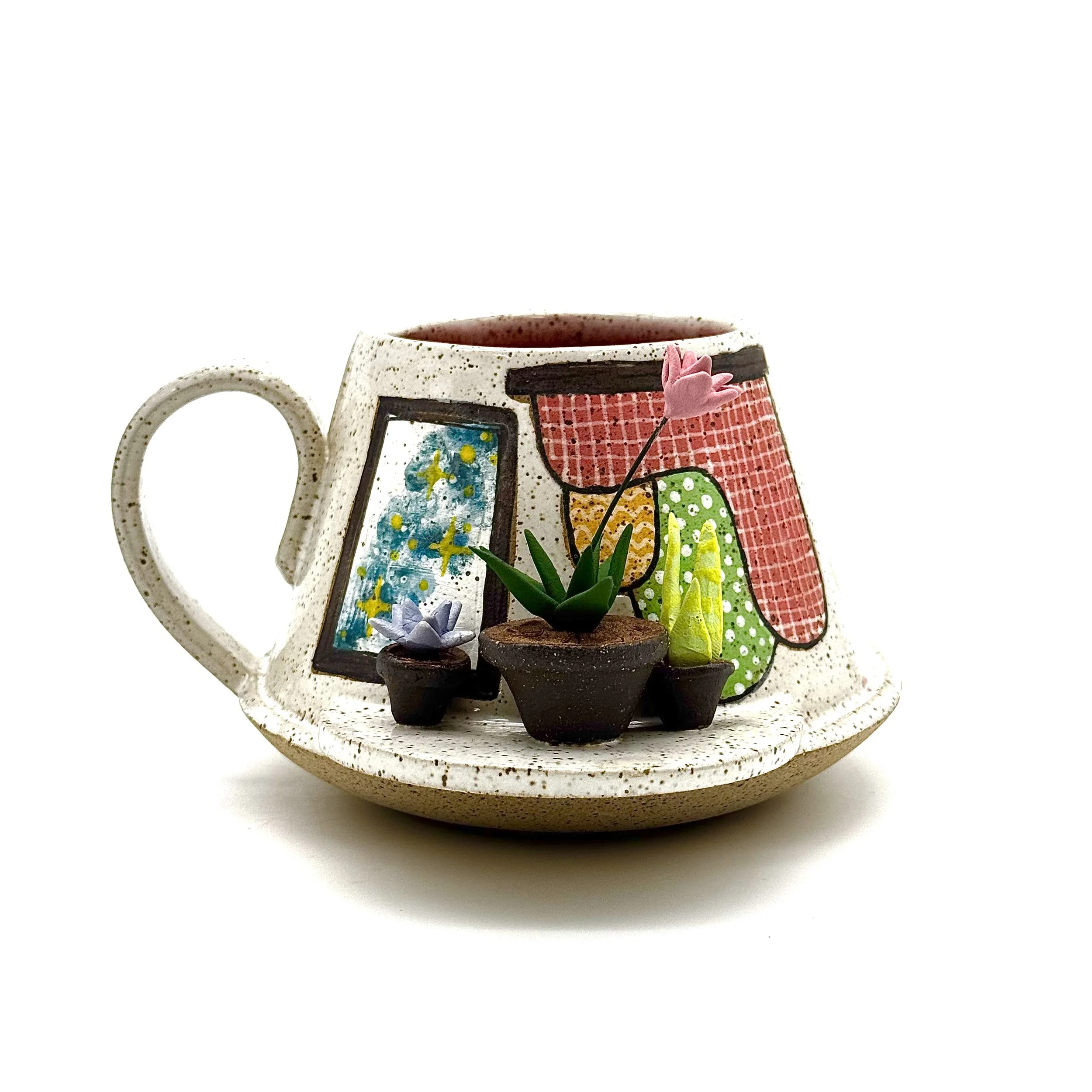 31- Low Tapered Gallery Wall Mug with Tapestry and Pink Bromeliad- (Most suitable for right handed drinkers)