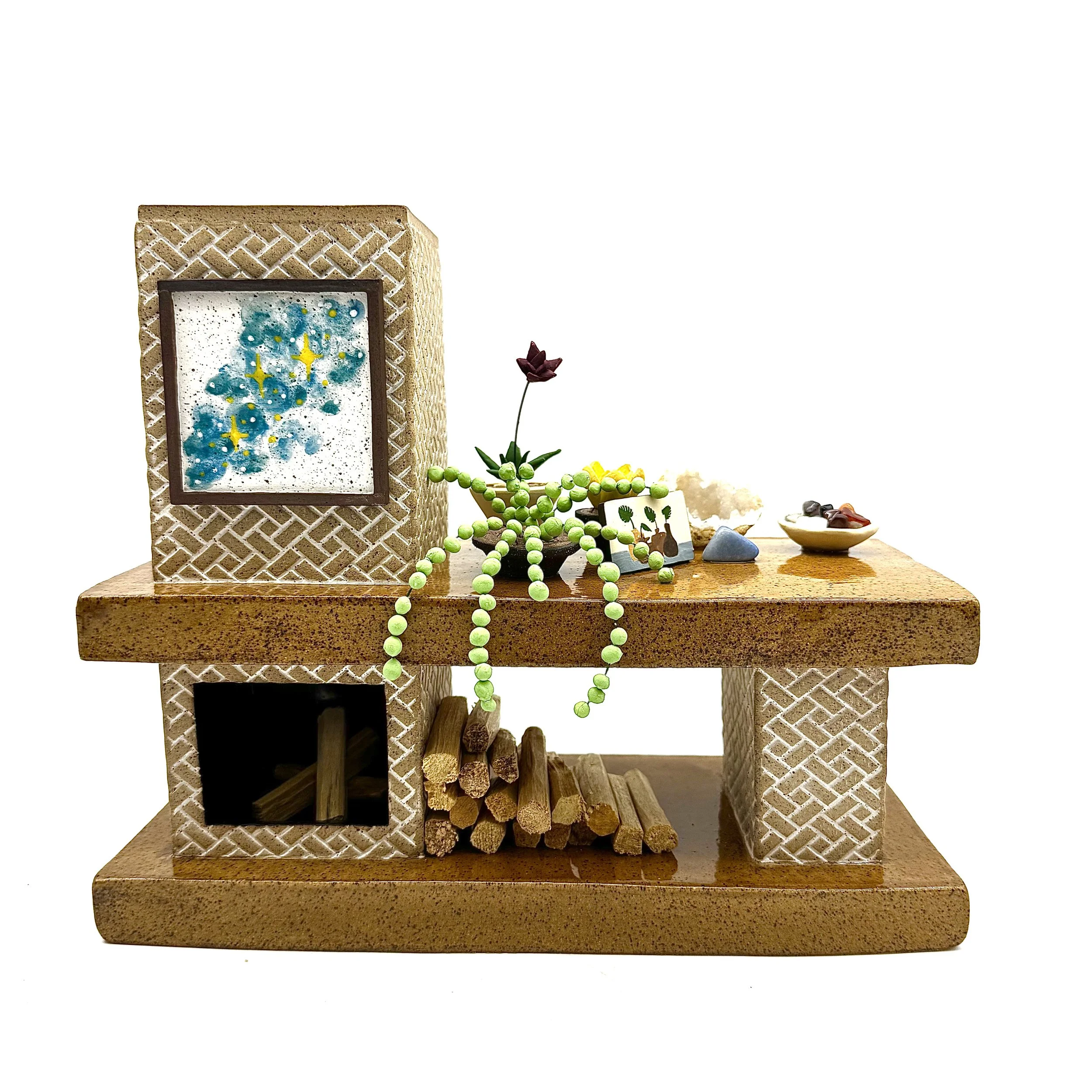 8-Preorder Bridge Mantel Palo Santo/ Incense Burning Fireplace  with Built in Log Storage