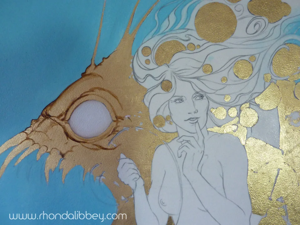 After I transfer the sketch to the surface I am working on I lay down all of the gold leaf that will have paint blended on top of it. Then I get to the business of underpainting and layer upon layer of color I work to the finish from there. I typically paint in thin glazes of color.