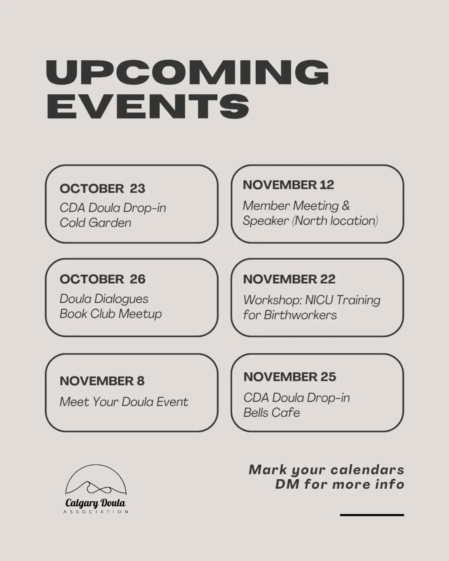 Lots of fall learning and opportunities for connection. Speaker &amp; training details coming soon! 

Which event are you most excited about? 👇🍂 🍁