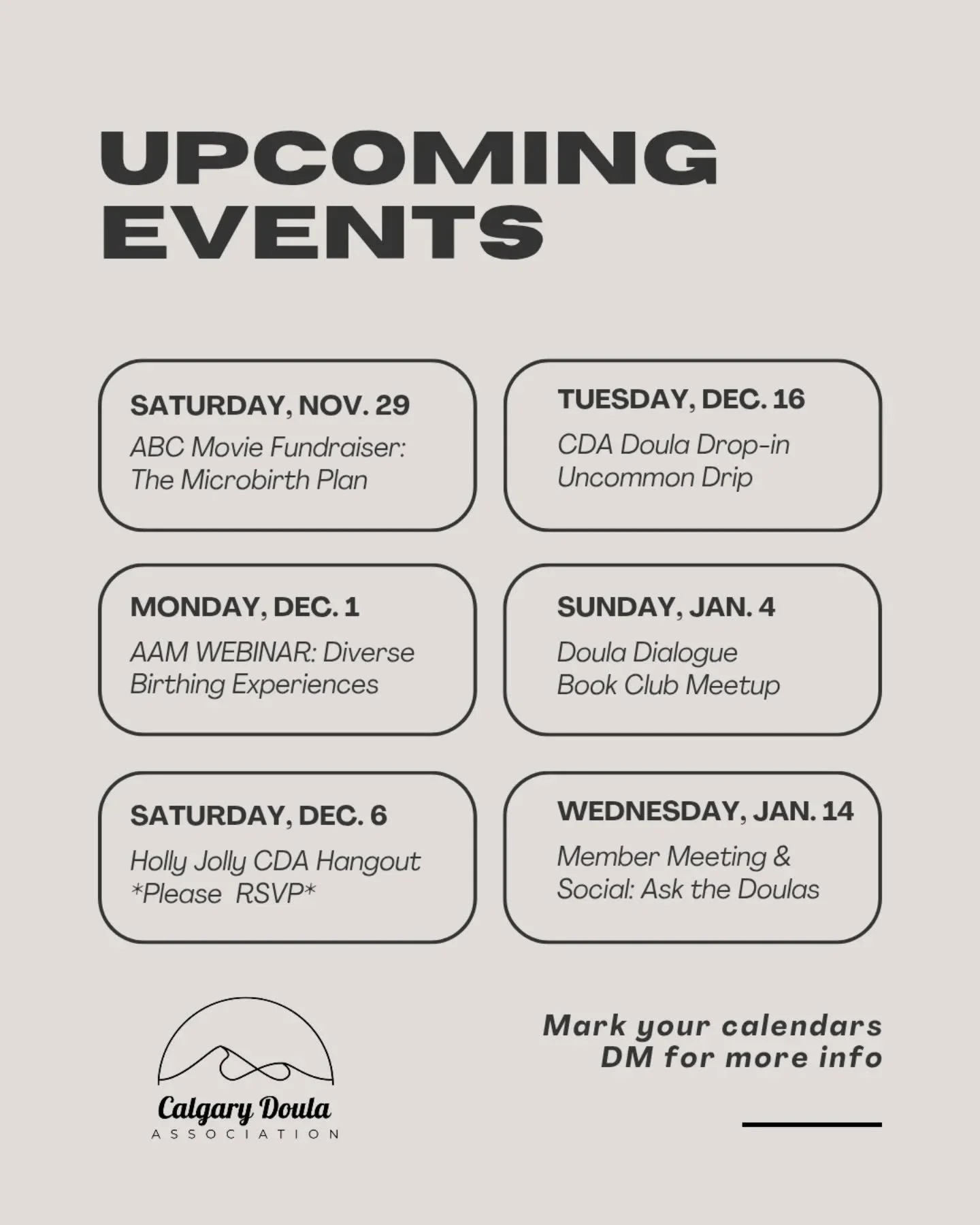 Coming up: doula meetup in Renfrew, doula book club in the north and our CDA meeting on Wed Jan 14th 6-8pm South location. DM for details. 

#CalgaryDoulaAssociation