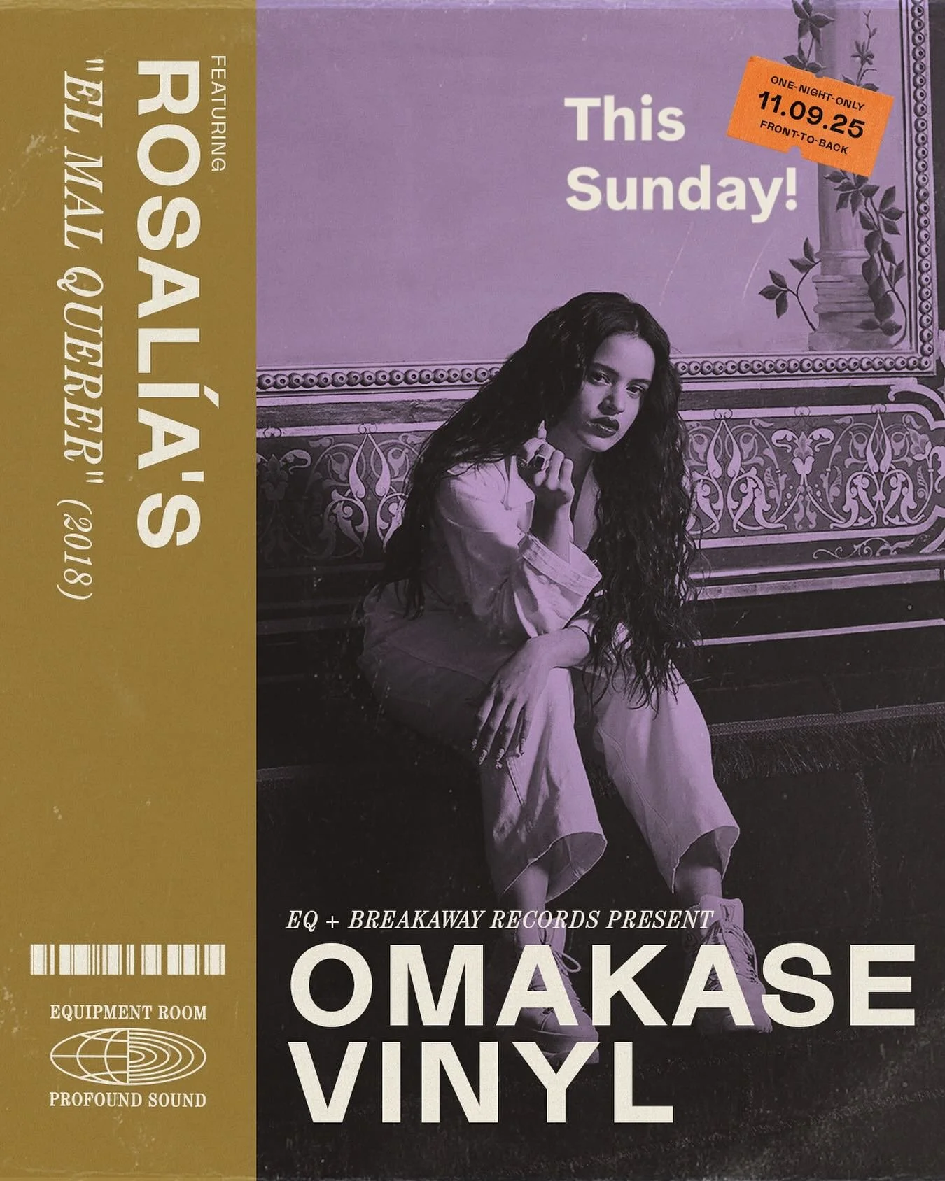 Omakase Vinyl THIS SUNDAY @equipmentroomaustin featuring the sublime &lsquo;El Mal Querer&rsquo; by Rosal&iacute;a. Incredible album on an incredible sounding system. Tix in bio don&rsquo;t ya know!

PS I just texted her and she says what&rsquo;s up