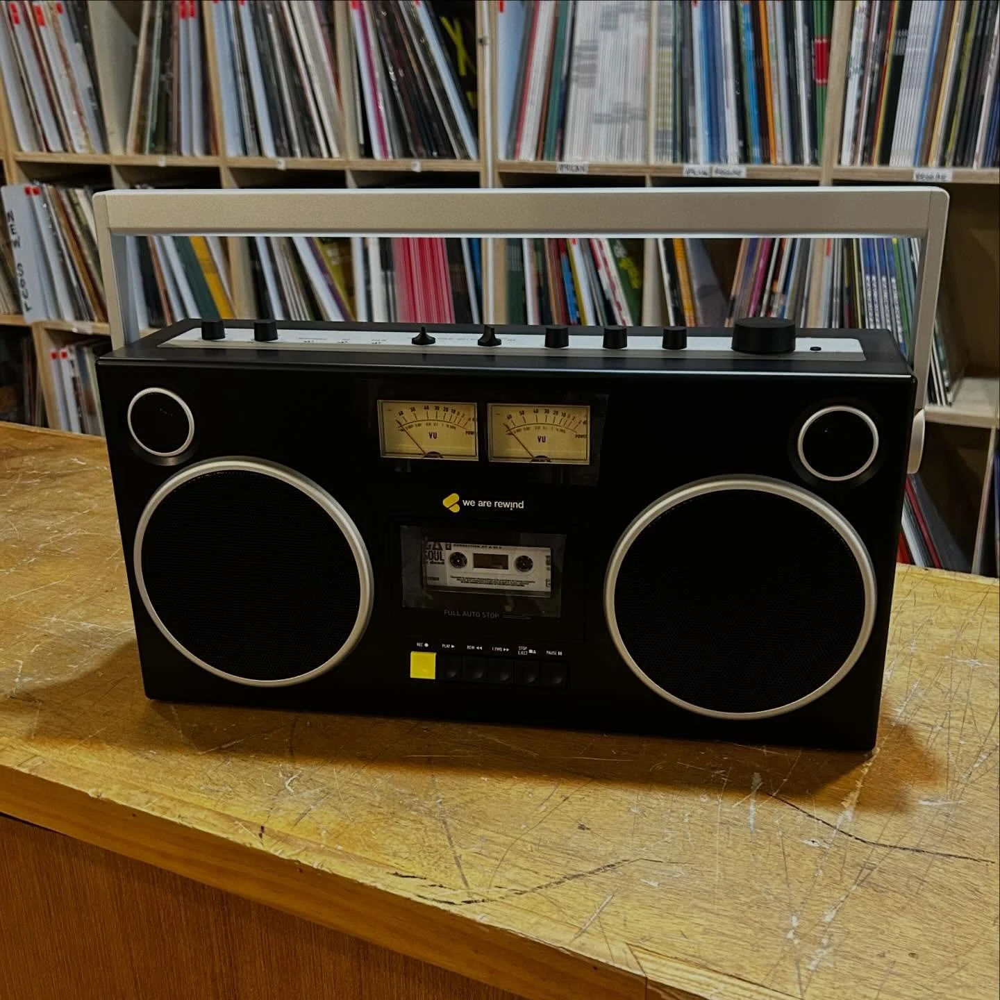 Crazy nice new boombox from @we_are_rewind now in stock!! Rechargeable, cassette player (and recorder!), with line in AND Bluetooth!! Balance and tone controls and sexy VU meters. Super solid, looks amazing and sounds fantastic! In store only, $580